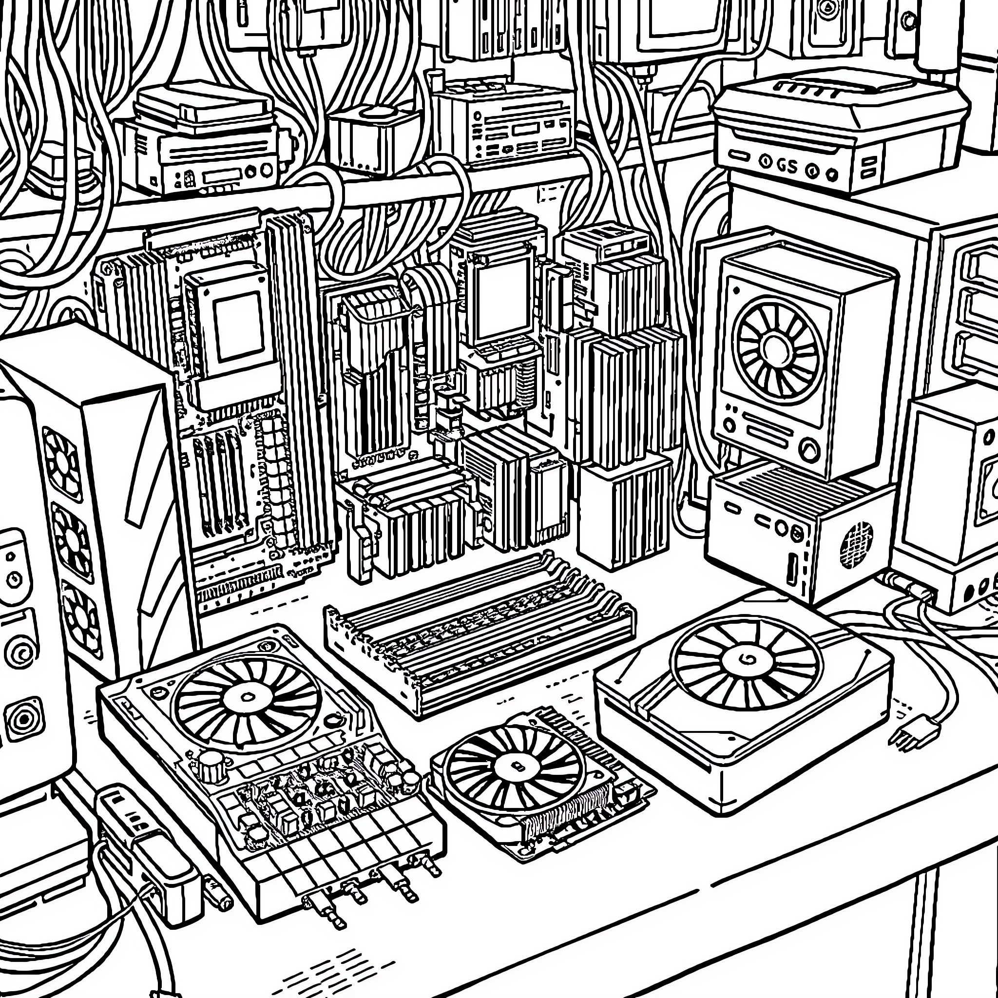 Computer Parts Arrangement in Complicated Layout Coloring Page (free black-and-white line drawing printable PDF for all, from beginners to advanced learners, including children, teens, adults, and seniors)