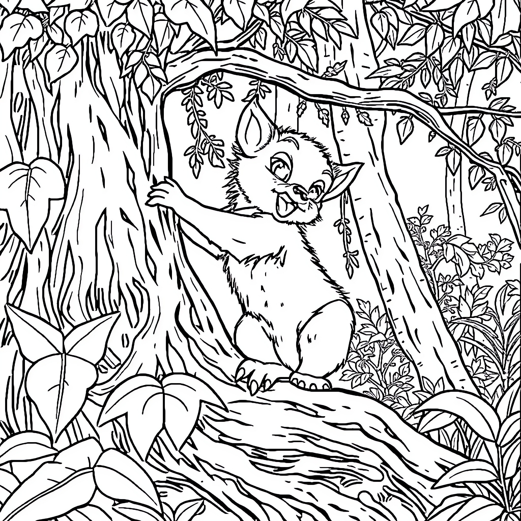 Kancil exploring the lush forest Coloring Page (free black-and-white line drawing printable PDF for all, from beginners to advanced learners, including children, teens, adults, and seniors)