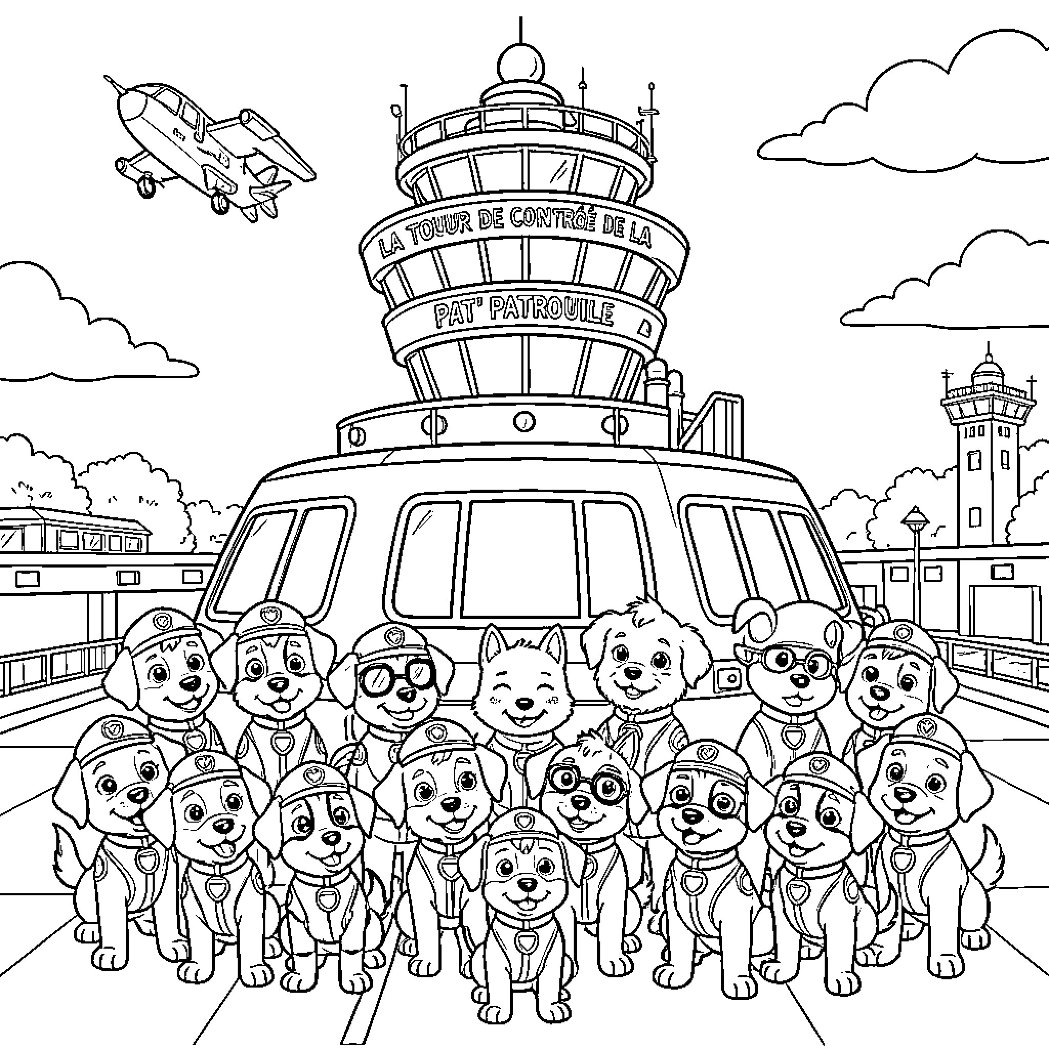 Patrolling Tower with Adorable Puppy Crew Coloring Page (free black-and-white line drawing printable PDF for all, from beginners to advanced learners, including children, teens, adults, and seniors)