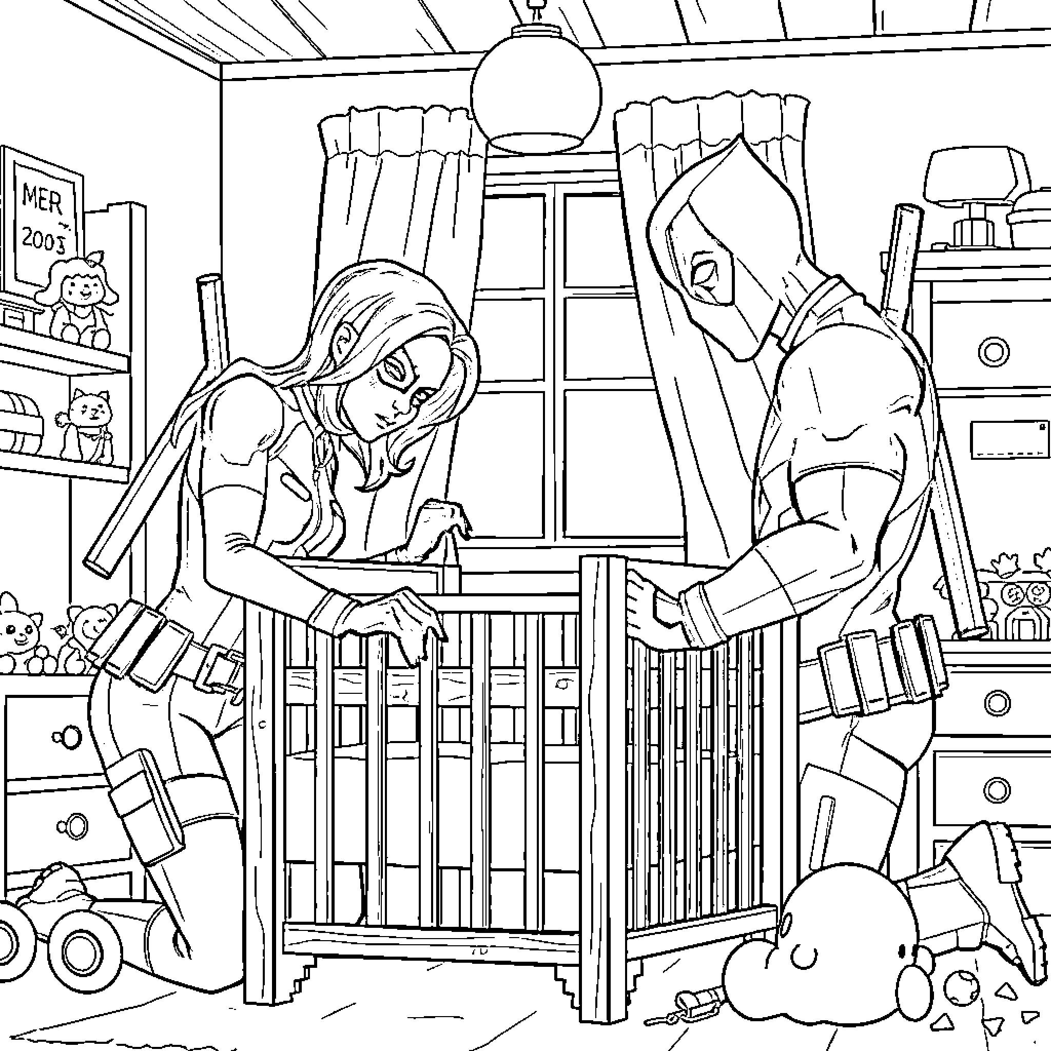 Psylocke assisting a superhero in a baby's nursery Coloring Page (free black-and-white line drawing printable PDF for all, from beginners to advanced learners, including children, teens, adults, and seniors)