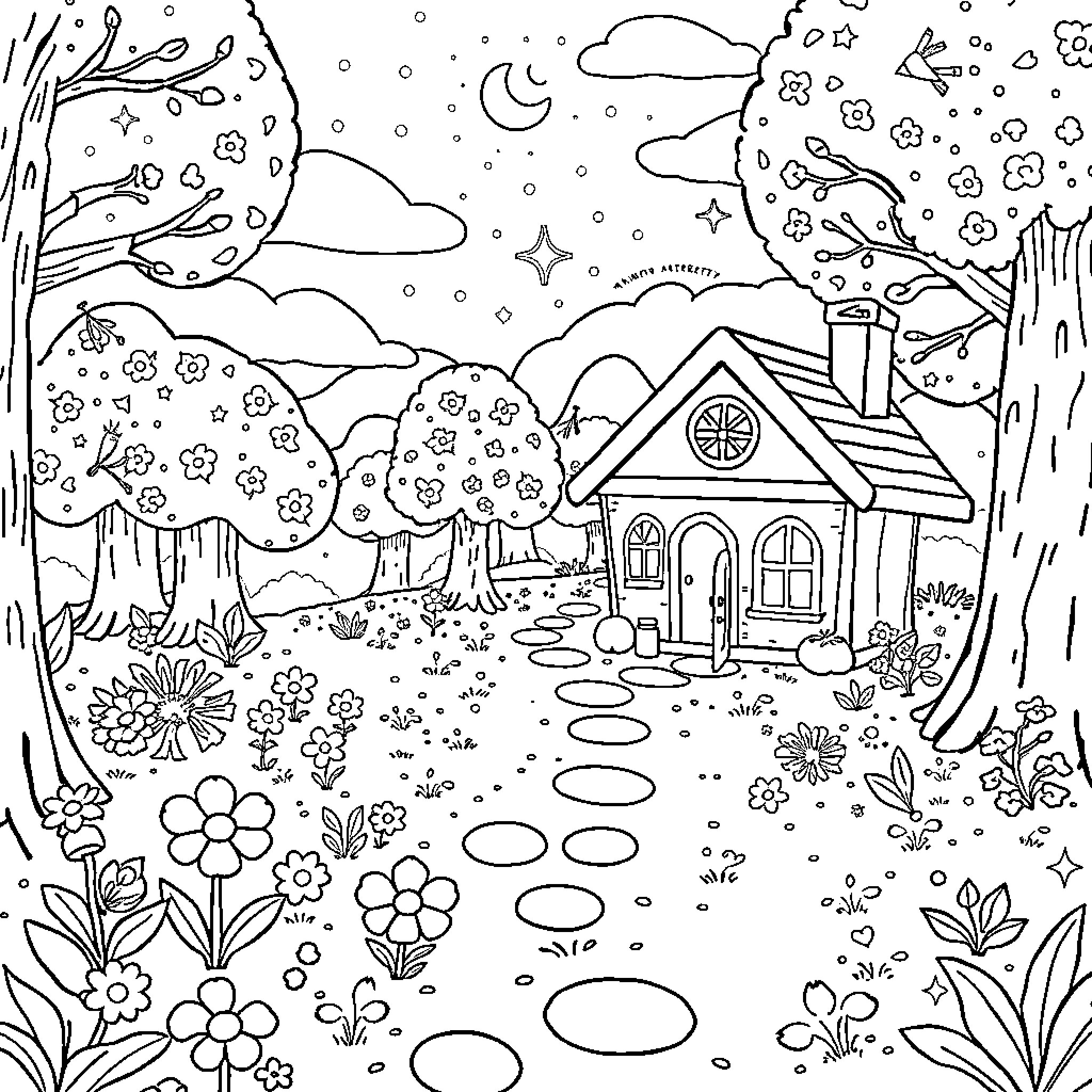 Animal Crossing Cottage in Magical Night Scene Coloring Page (free black-and-white line drawing printable PDF for all, from beginners to advanced learners, including children, teens, adults, and seniors)