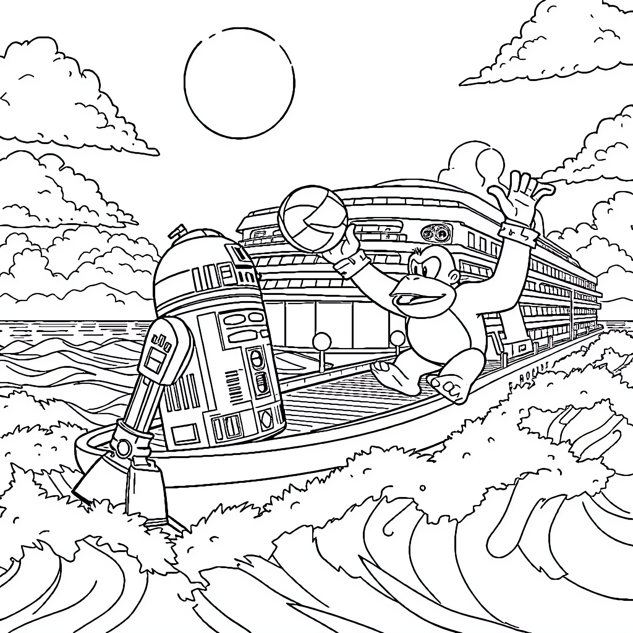 R2D2 Navigating through Stormy Seas Coloring Page (free black-and-white line drawing printable PDF for all, from beginners to advanced learners, including children, teens, adults, and seniors)