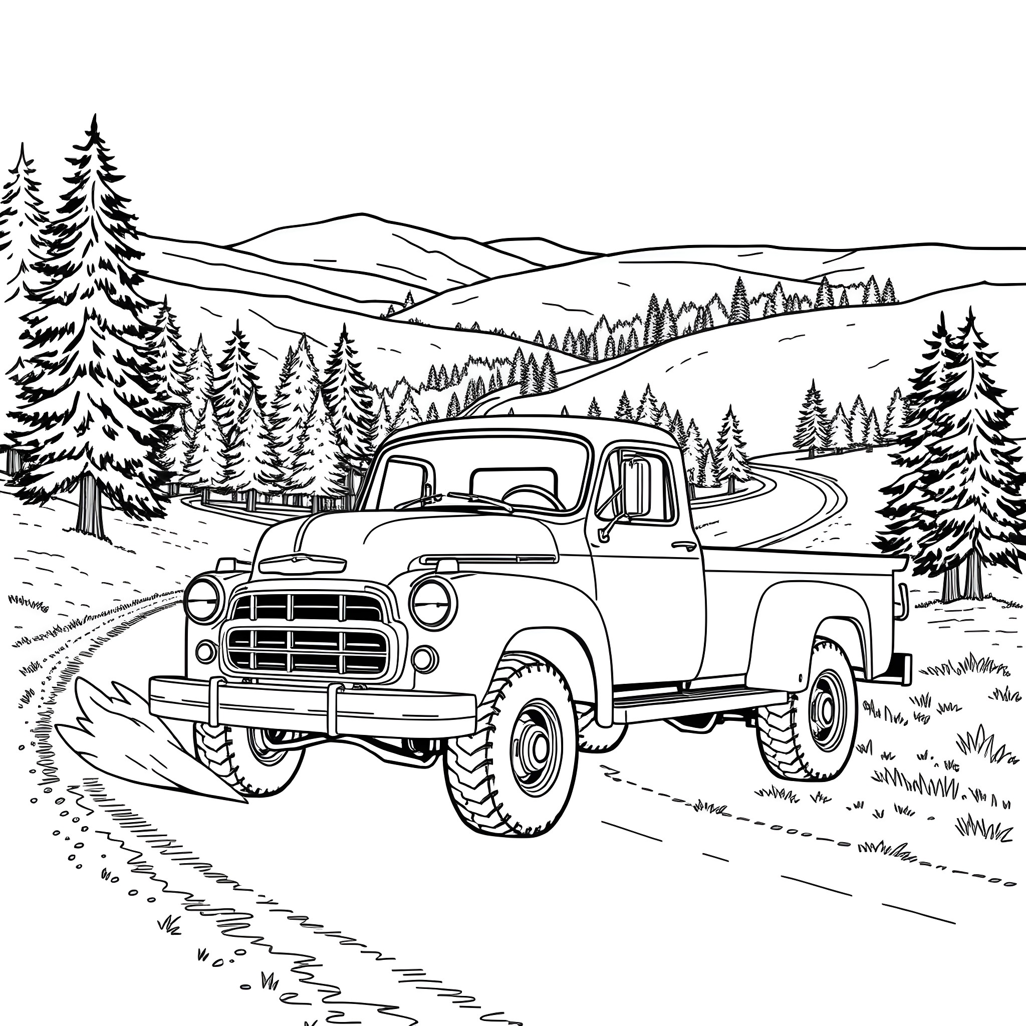 Truck traversing wintry mountain landscape Coloring Page (free black-and-white line drawing printable PDF for all, from beginners to advanced learners, including children, teens, adults, and seniors)