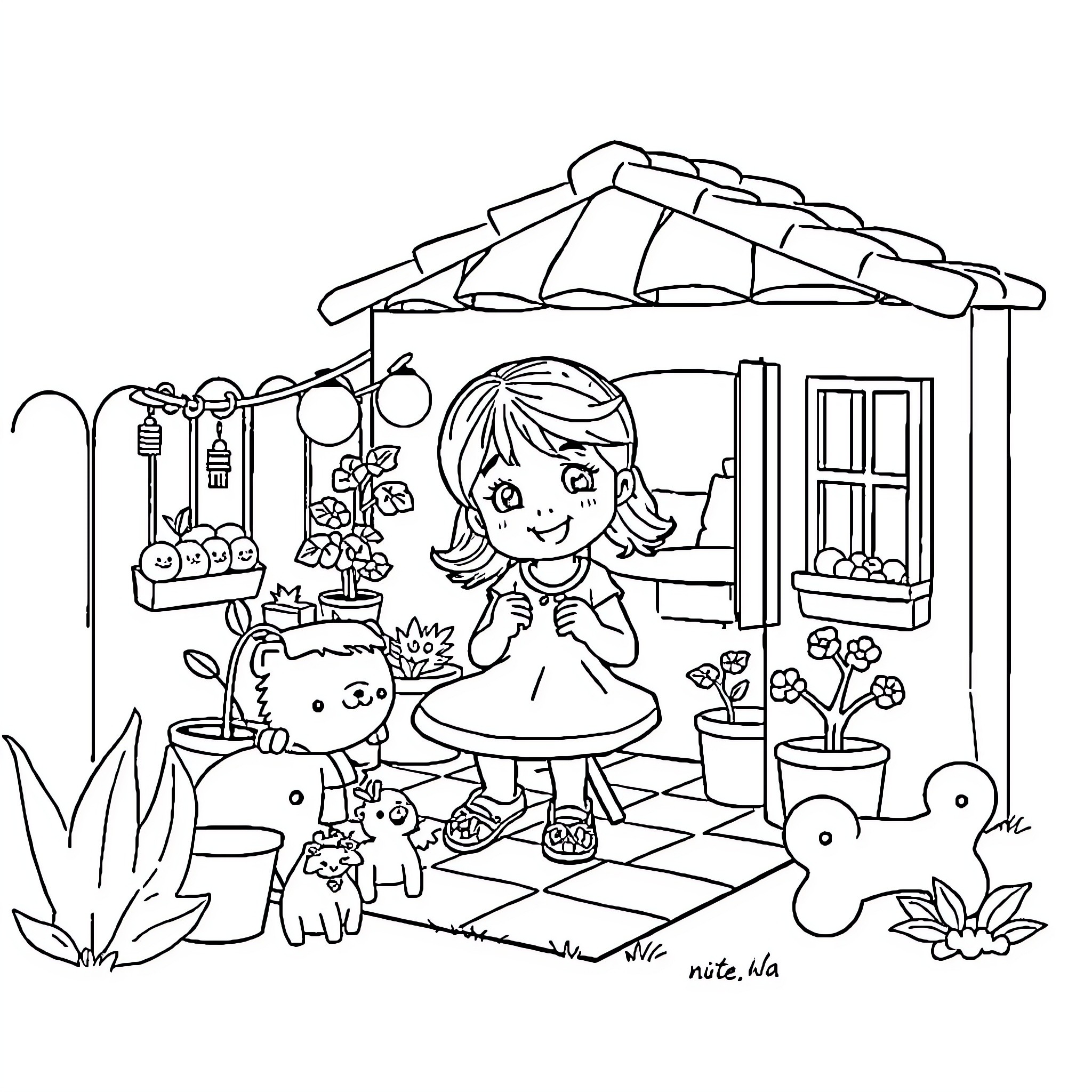 Nina's Vibrant Garden Adventure Coloring Page (free black-and-white line drawing printable PDF for all, from beginners to advanced learners, including children, teens, adults, and seniors)