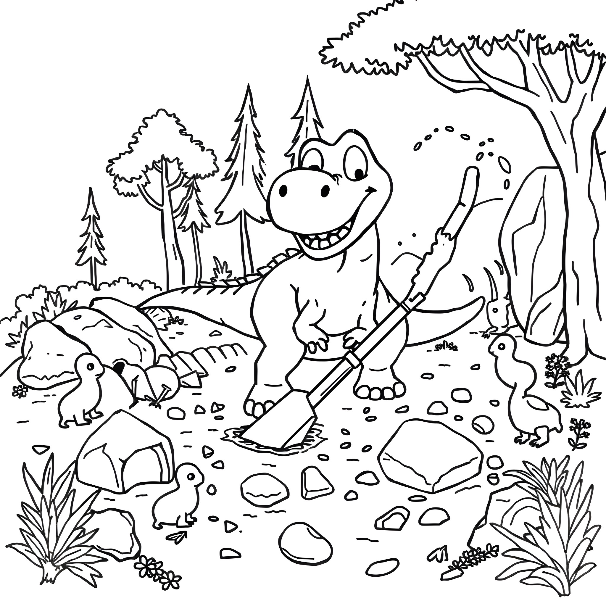 Dino digging in the forest with friends Coloring Page (free black-and-white line drawing printable PDF for all, from beginners to advanced learners, including children, teens, adults, and seniors)