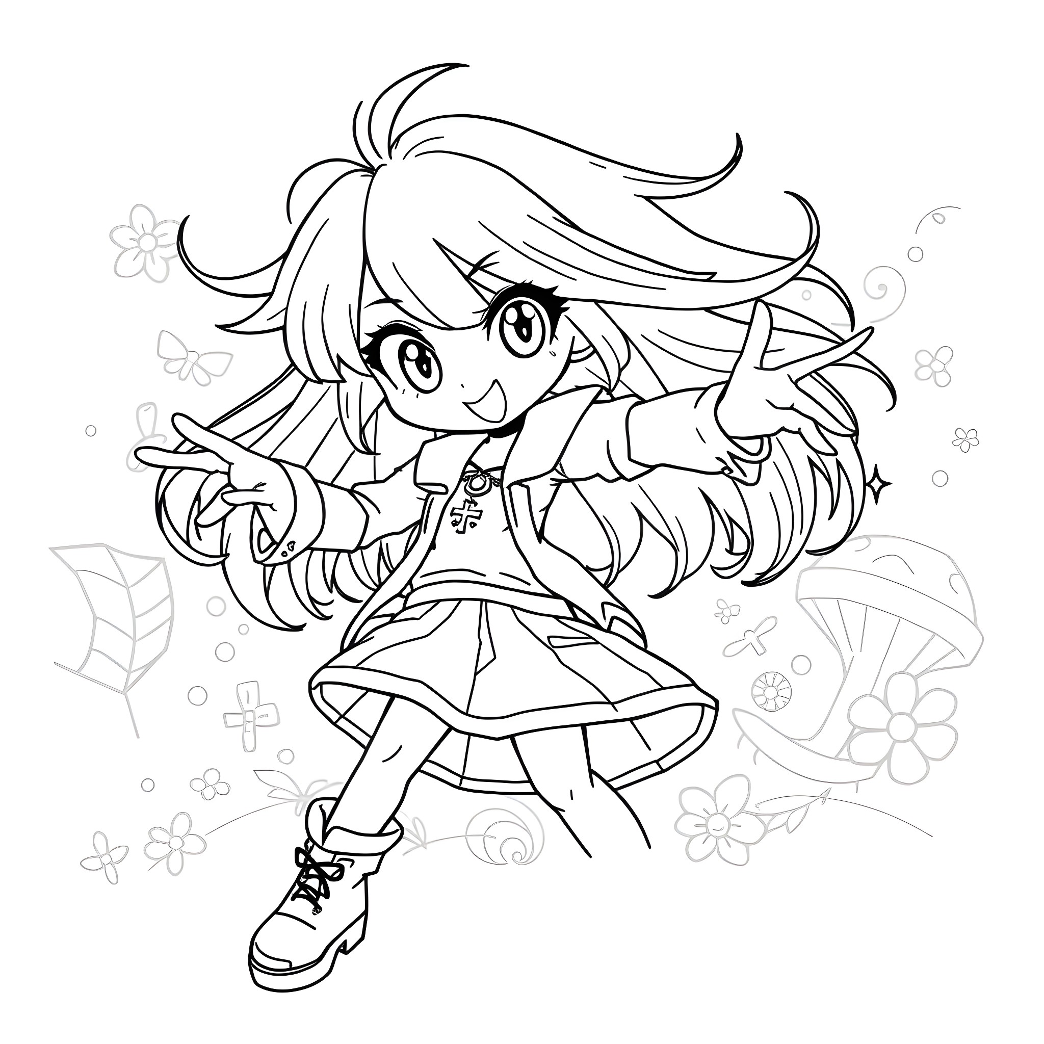 Anime Girl Happily Dancing in Floral Scene Coloring Page (free black-and-white line drawing printable PDF for all, from beginners to advanced learners, including children, teens, adults, and seniors)