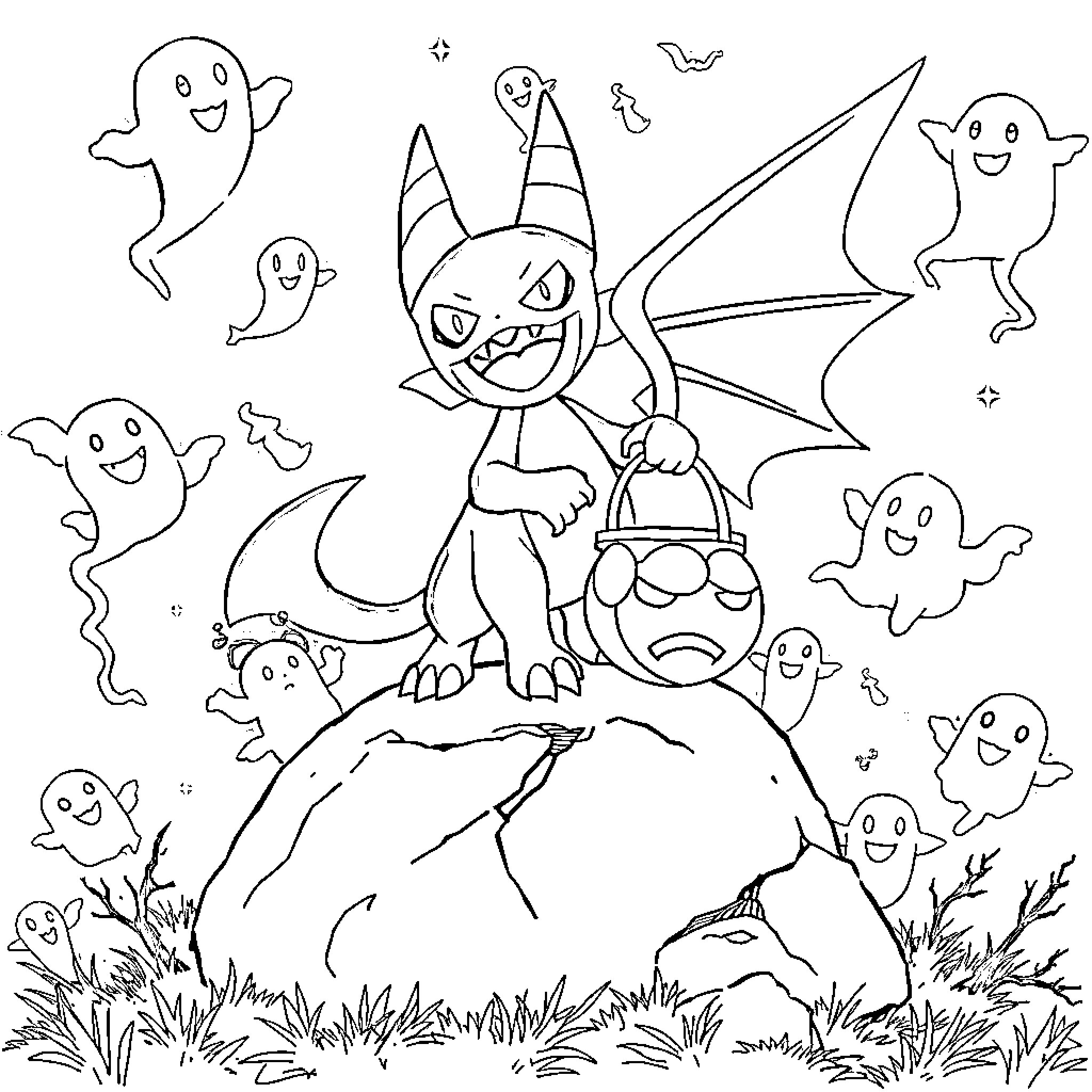 Luxray and ghostly friends in a spooky scene Coloring Page (free black-and-white line drawing printable PDF for all, from beginners to advanced learners, including children, teens, adults, and seniors)