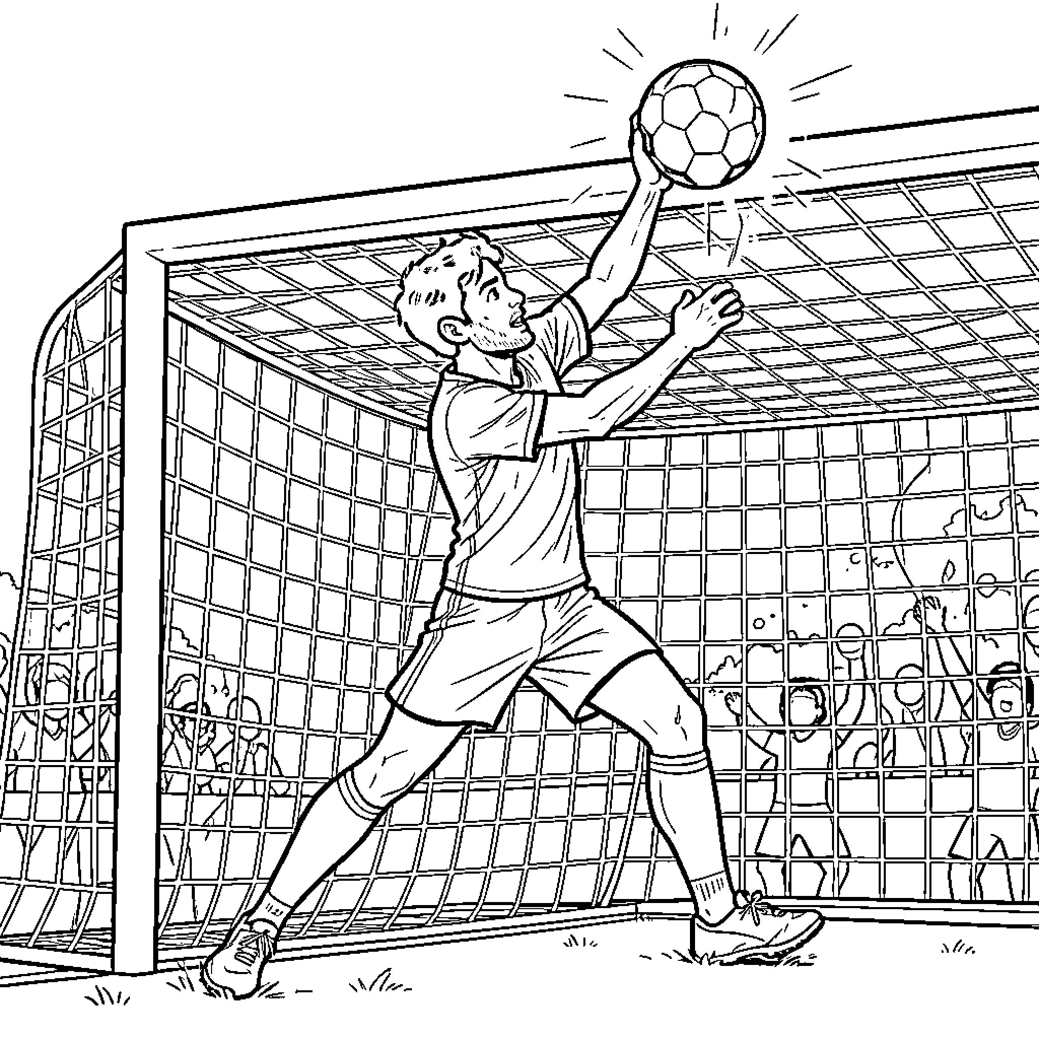 Bradley Barcola jumping to catch a soccer ball Coloring Page (free black-and-white line drawing printable PDF for all, from beginners to advanced learners, including children, teens, adults, and seniors)