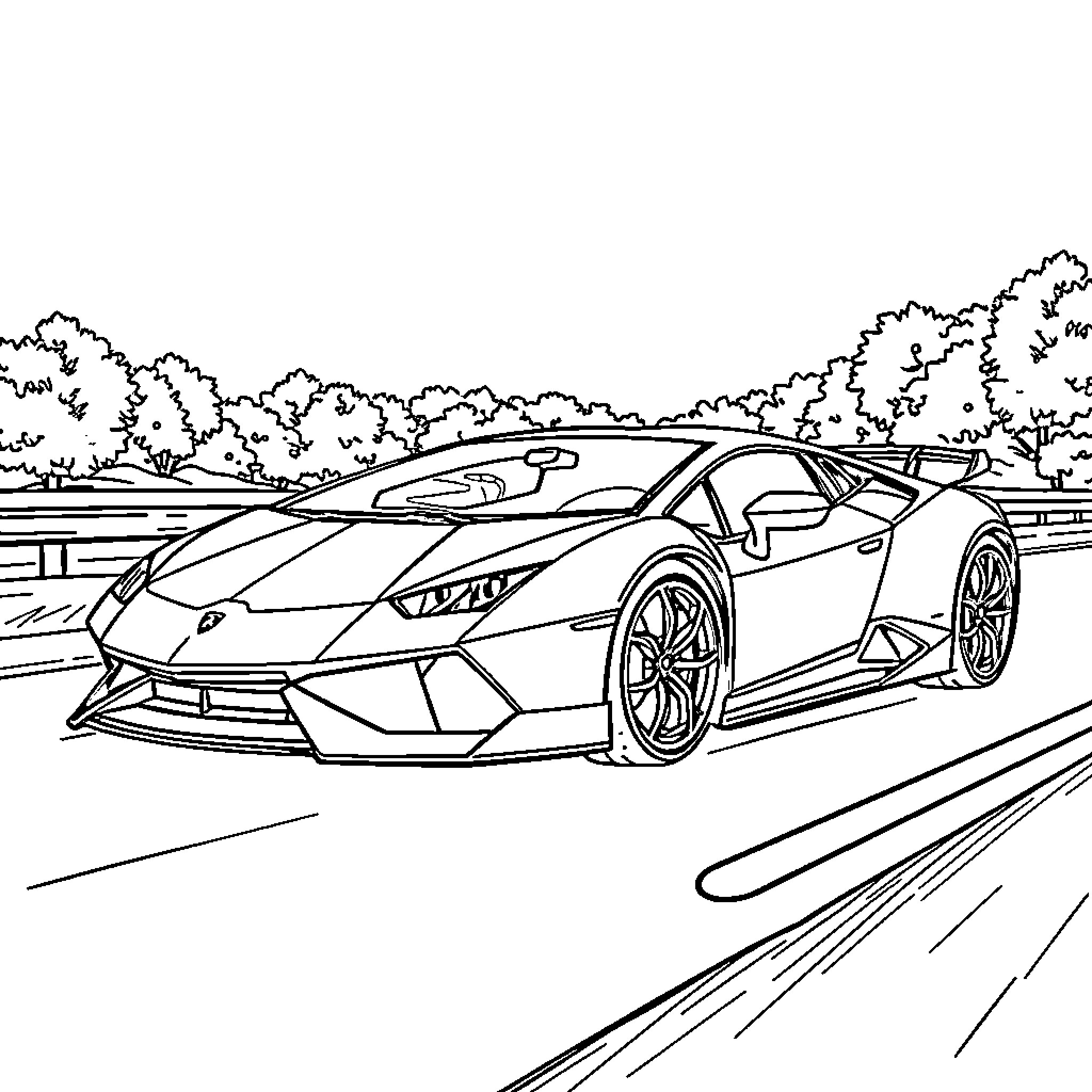 Lamborghini speeding through winding road Coloring Page (free black-and-white line drawing printable PDF for all, from beginners to advanced learners, including children, teens, adults, and seniors)
