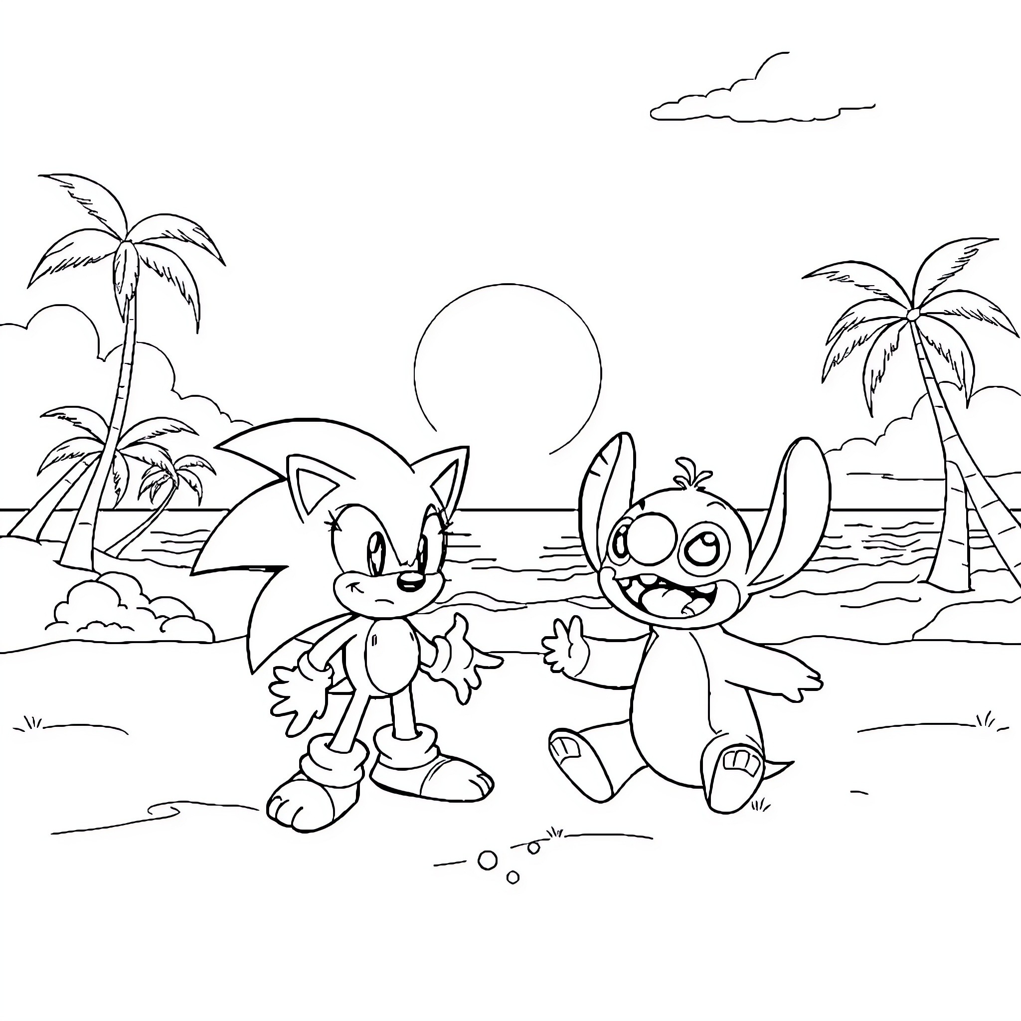 Sonic and friend explore tropical beach scene Coloring Page (free black-and-white line drawing printable PDF for all, from beginners to advanced learners, including children, teens, adults, and seniors)