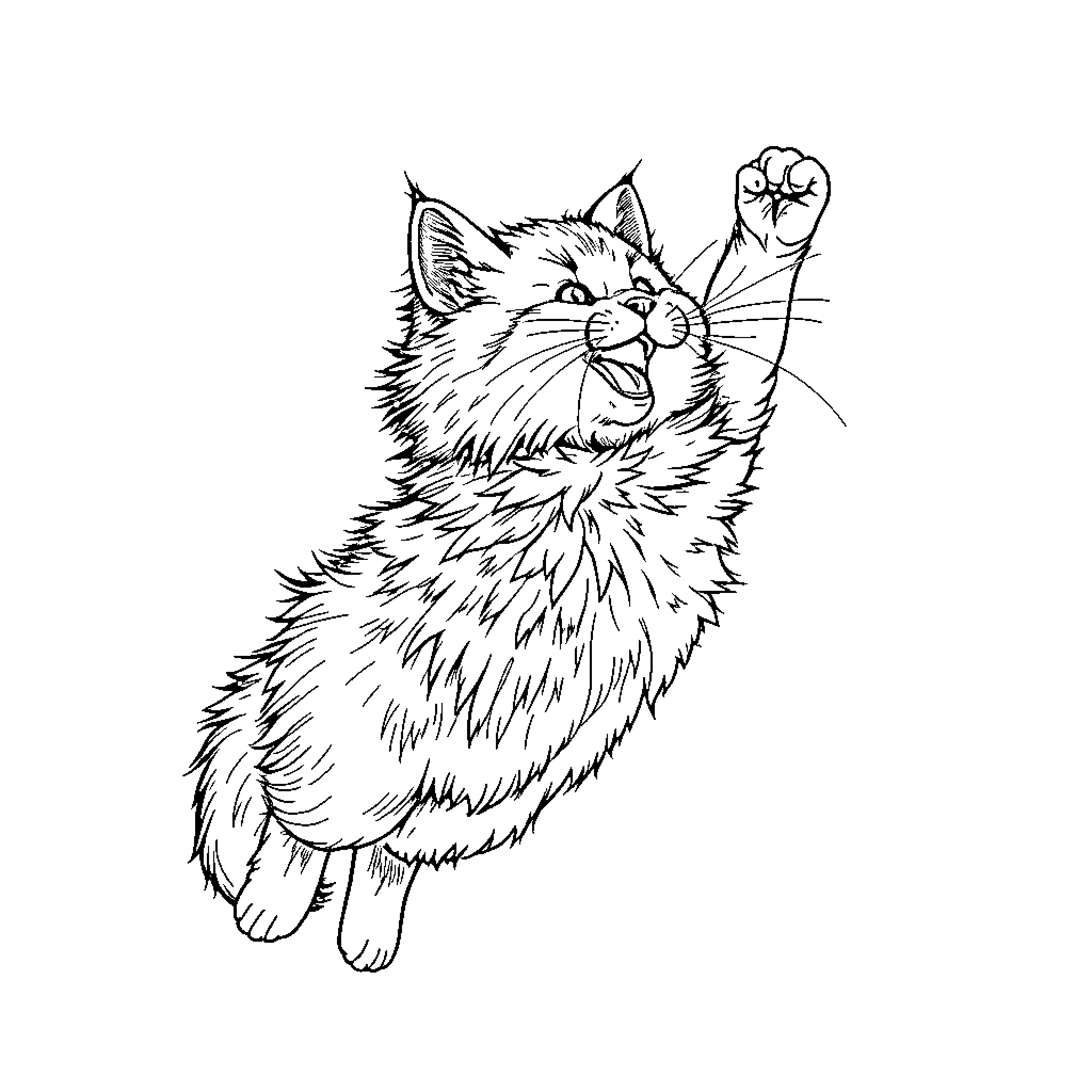 Cat with excited expression and raised paw Coloring Page (free black-and-white line drawing printable PDF for all, from beginners to advanced learners, including children, teens, adults, and seniors)