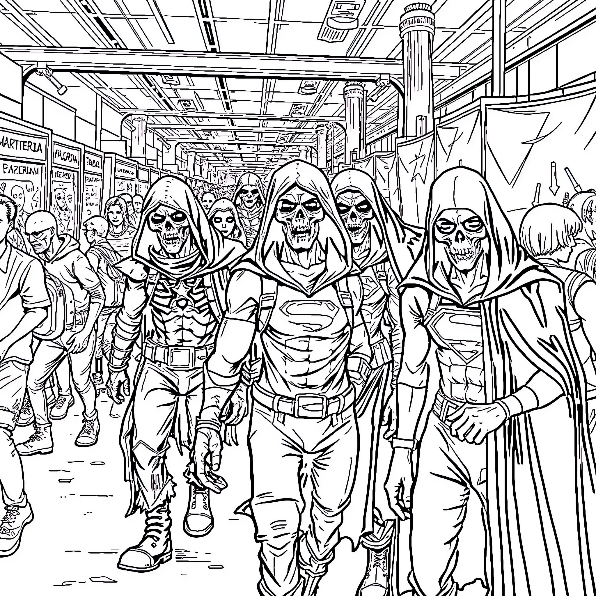 Zombie Horde Stalks Through Crowded Urban Marketplace Coloring Page (free black-and-white line drawing printable PDF for all, from beginners to advanced learners, including children, teens, adults, and seniors)