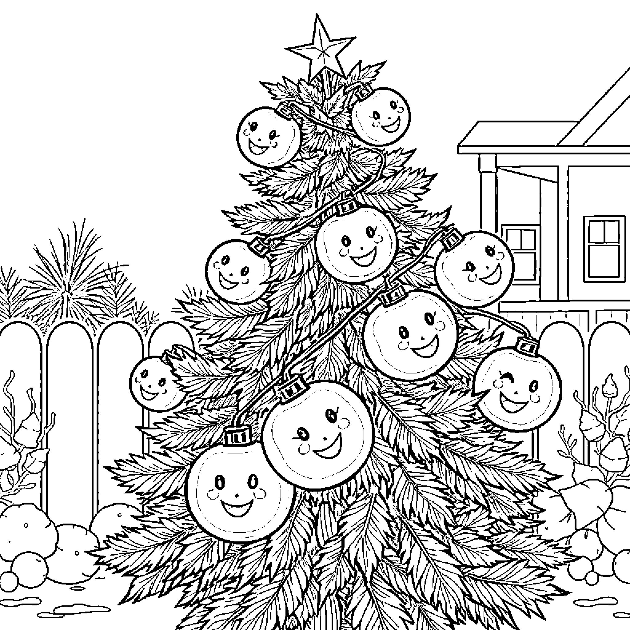 Tomato-themed Christmas tree with smiling ornaments Coloring Page (free black-and-white line drawing printable PDF for all, from beginners to advanced learners, including children, teens, adults, and seniors)