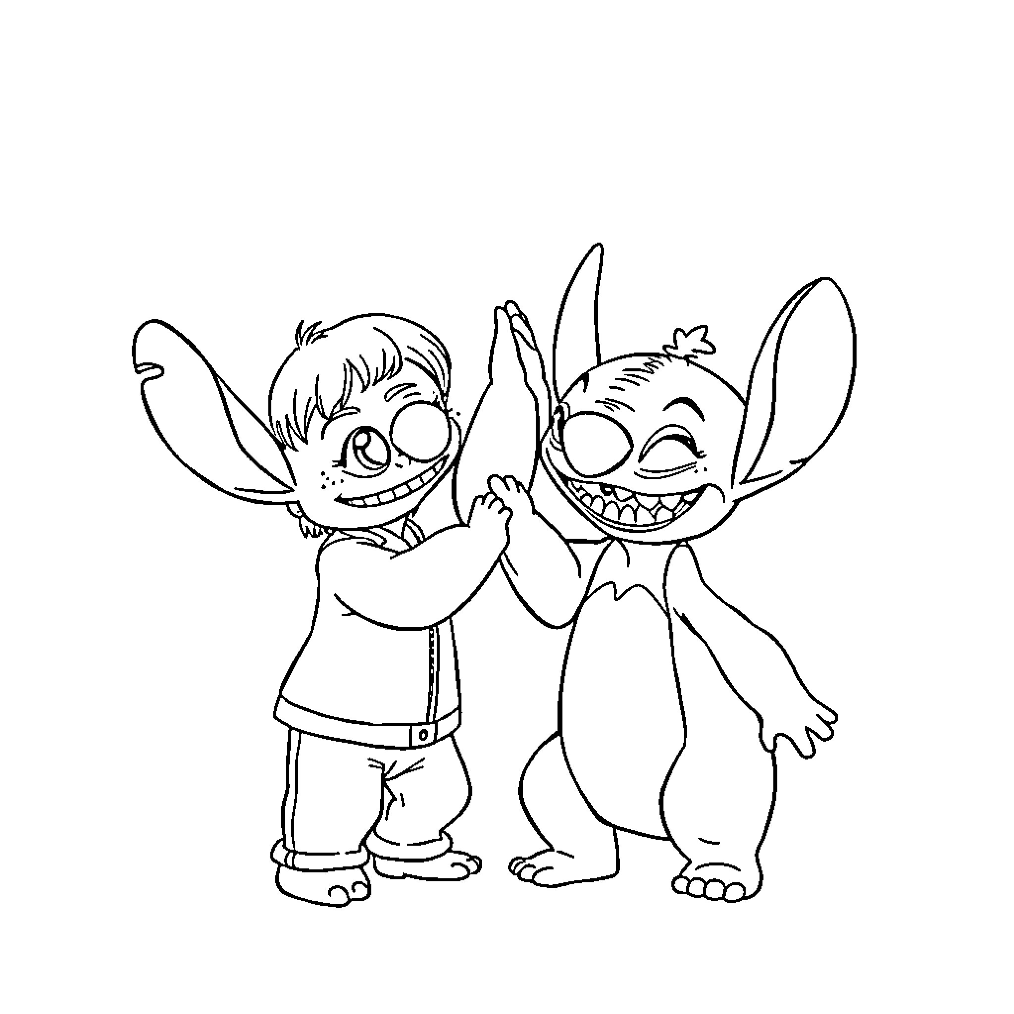 Rumi's Playful Encounter with Stitch Coloring Page (free black-and-white line drawing printable PDF for all, from beginners to advanced learners, including children, teens, adults, and seniors)