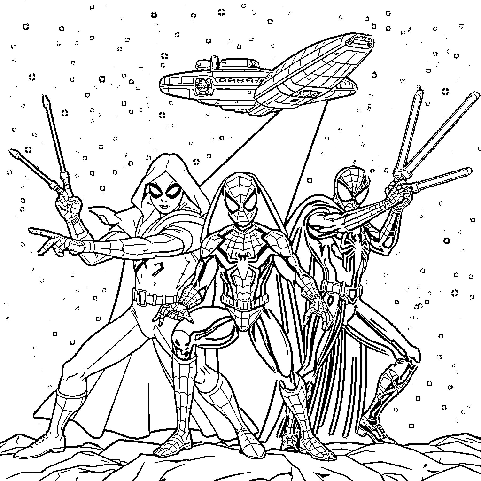 Spidey superheroes in action-packed adventure Coloring Page (free black-and-white line drawing printable PDF for all, from beginners to advanced learners, including children, teens, adults, and seniors)