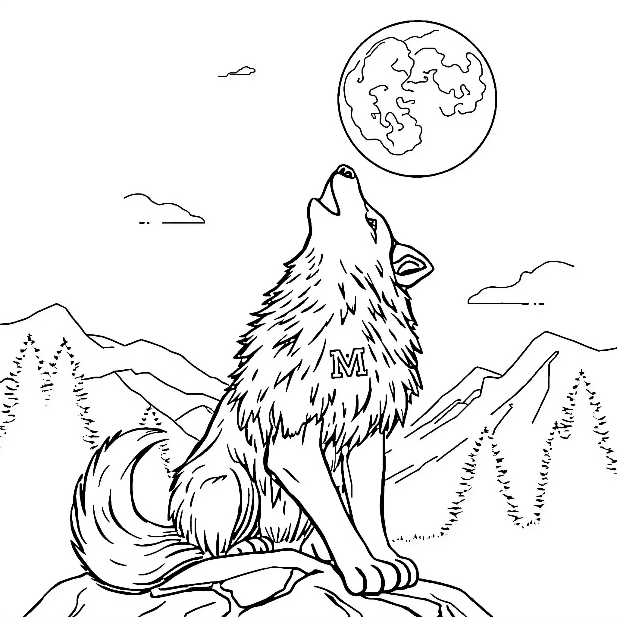 Lobo howling at the moonlit landscape Coloring Page (free black-and-white line drawing printable PDF for all, from beginners to advanced learners, including children, teens, adults, and seniors)