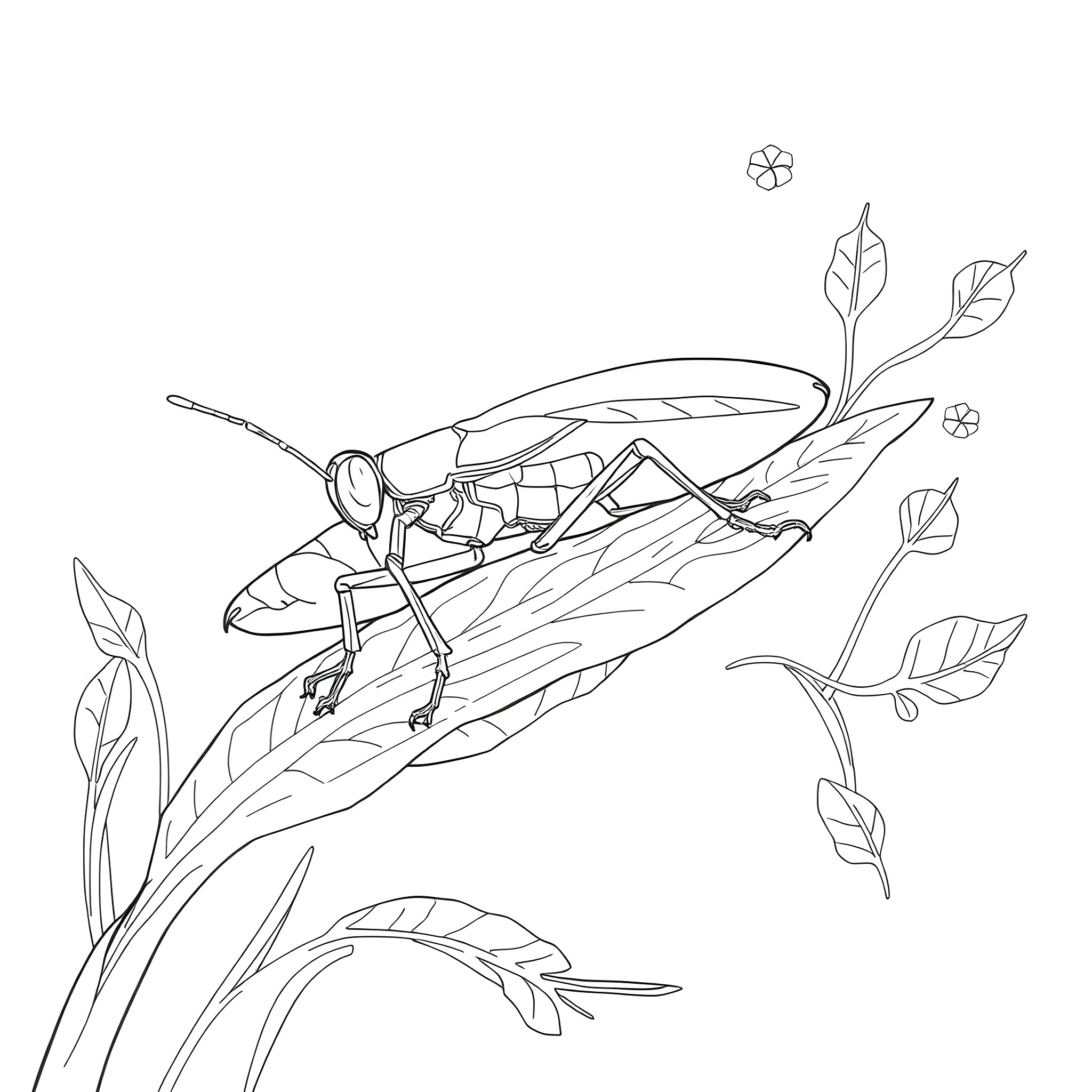 Grasshopper exploring the natural world Coloring Page (free black-and-white line drawing printable PDF for all, from beginners to advanced learners, including children, teens, adults, and seniors)