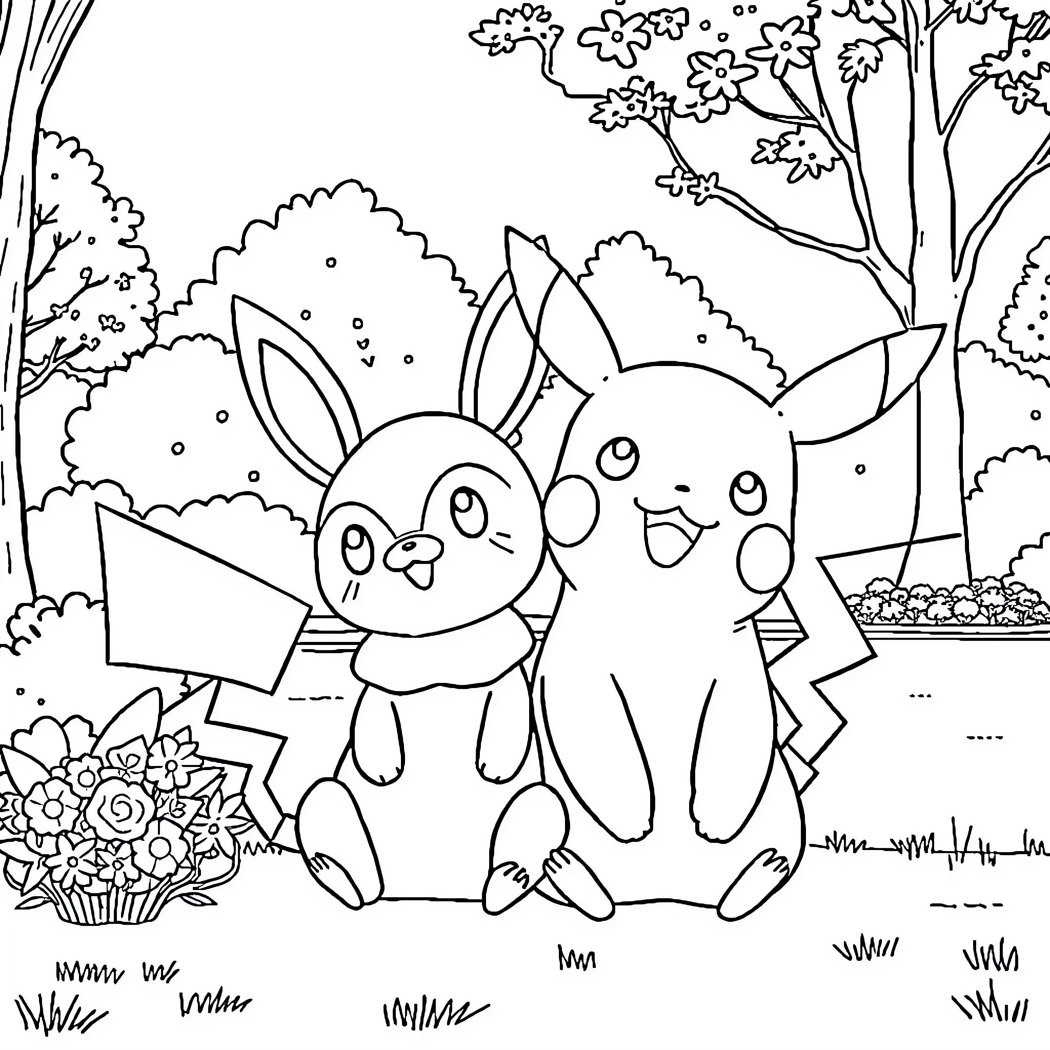 Pikachu and bunny friends explore the flower garden Coloring Page (free black-and-white line drawing printable PDF for all, from beginners to advanced learners, including children, teens, adults, and seniors)