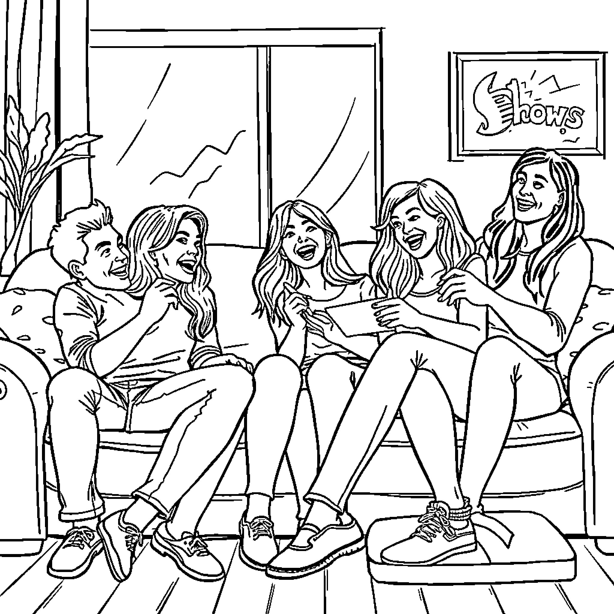 Friends enjoying a fun gathering together Coloring Page (free black-and-white line drawing printable PDF for all, from beginners to advanced learners, including children, teens, adults, and seniors)