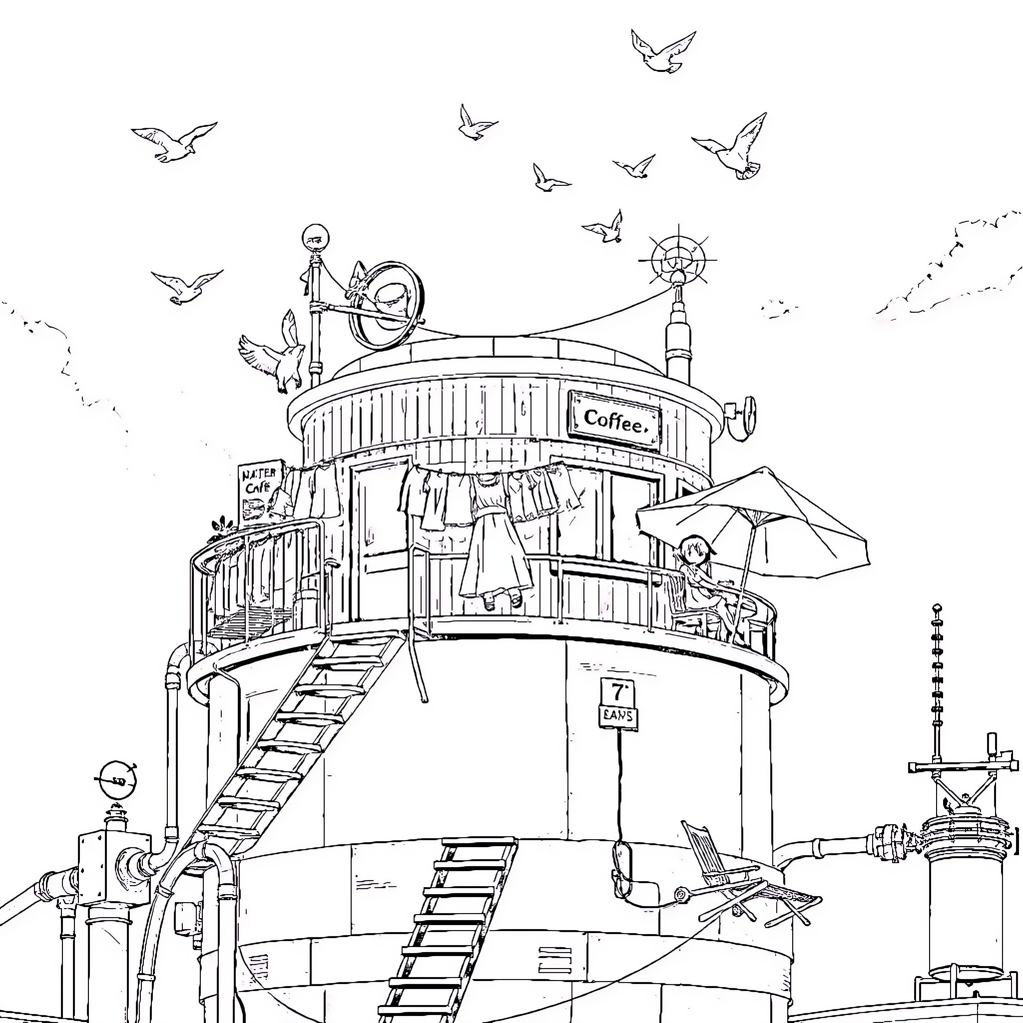 Cafe in the Sky with Whimsical Scenes Coloring Page (free black-and-white line drawing printable PDF for all, from beginners to advanced learners, including children, teens, adults, and seniors)