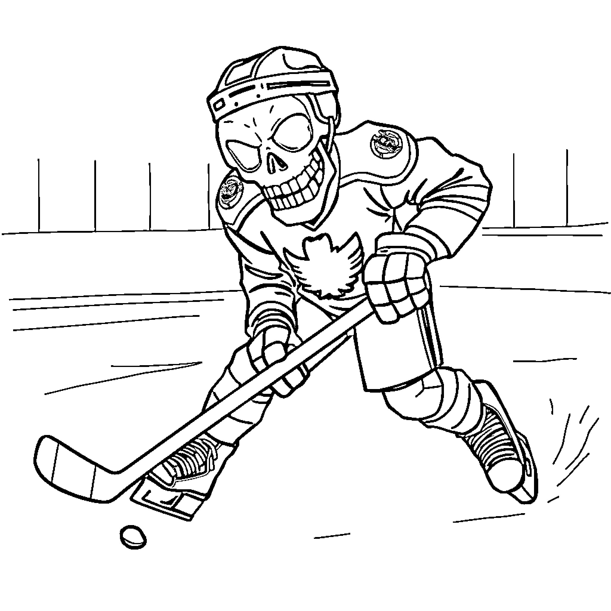Creeper hockey player skating aggressively on the ice Coloring Page (free black-and-white line drawing printable PDF for all, from beginners to advanced learners, including children, teens, adults, and seniors)