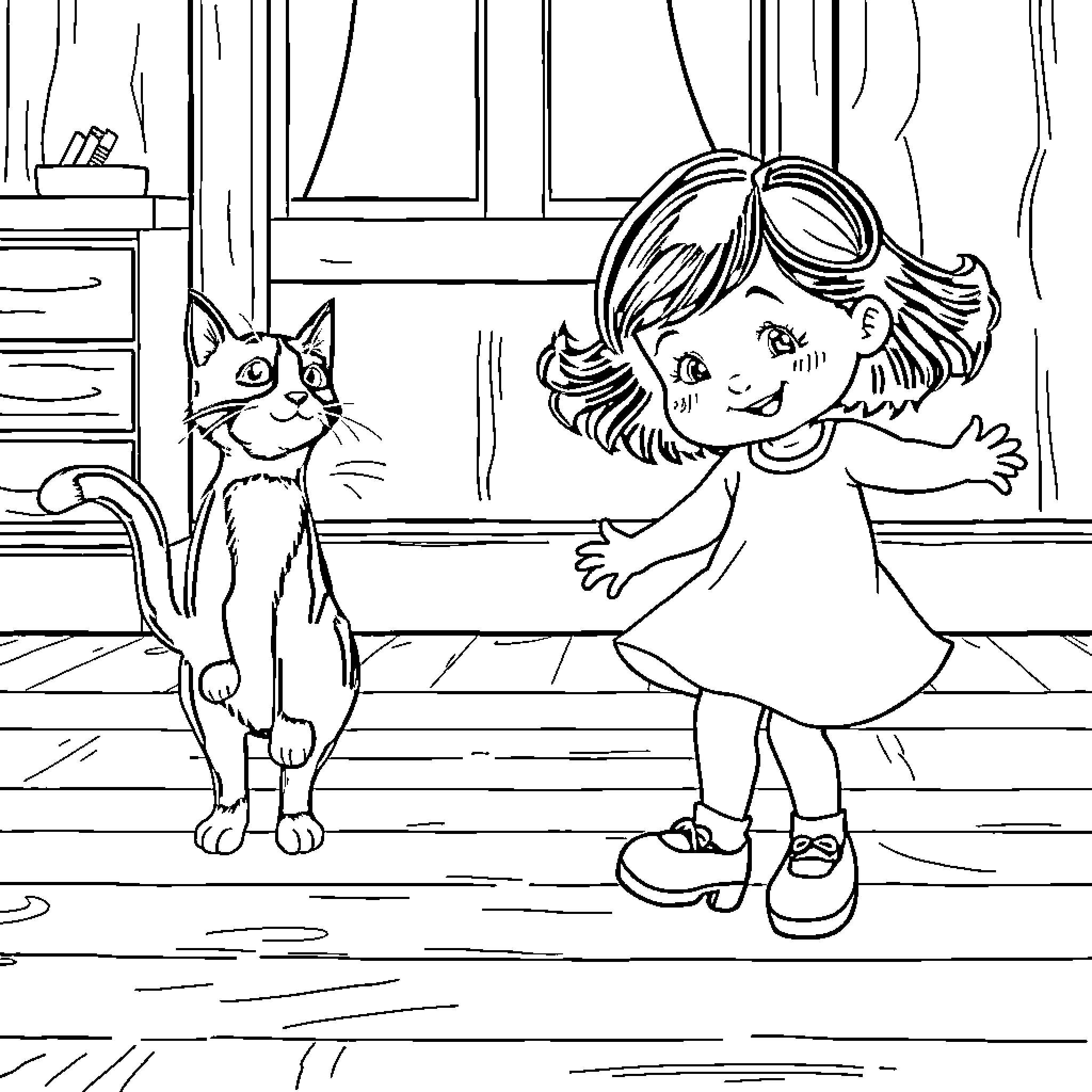 Girl and her Playful Cat in Room Coloring Page (free black-and-white line drawing printable PDF for all, from beginners to advanced learners, including children, teens, adults, and seniors)