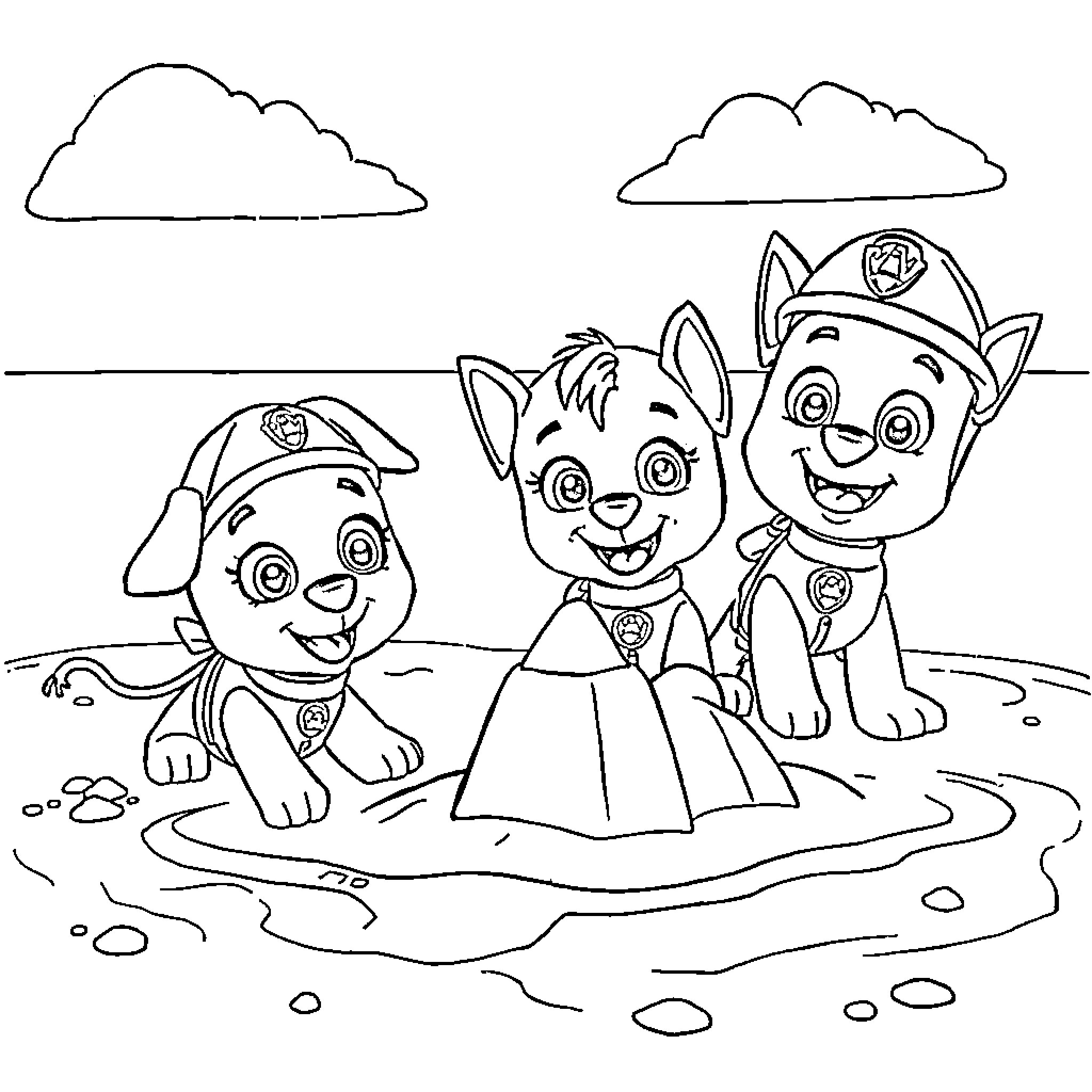 Paw Patrol puppies playing in a puddle Coloring Page (free black-and-white line drawing printable PDF for all, from beginners to advanced learners, including children, teens, adults, and seniors)