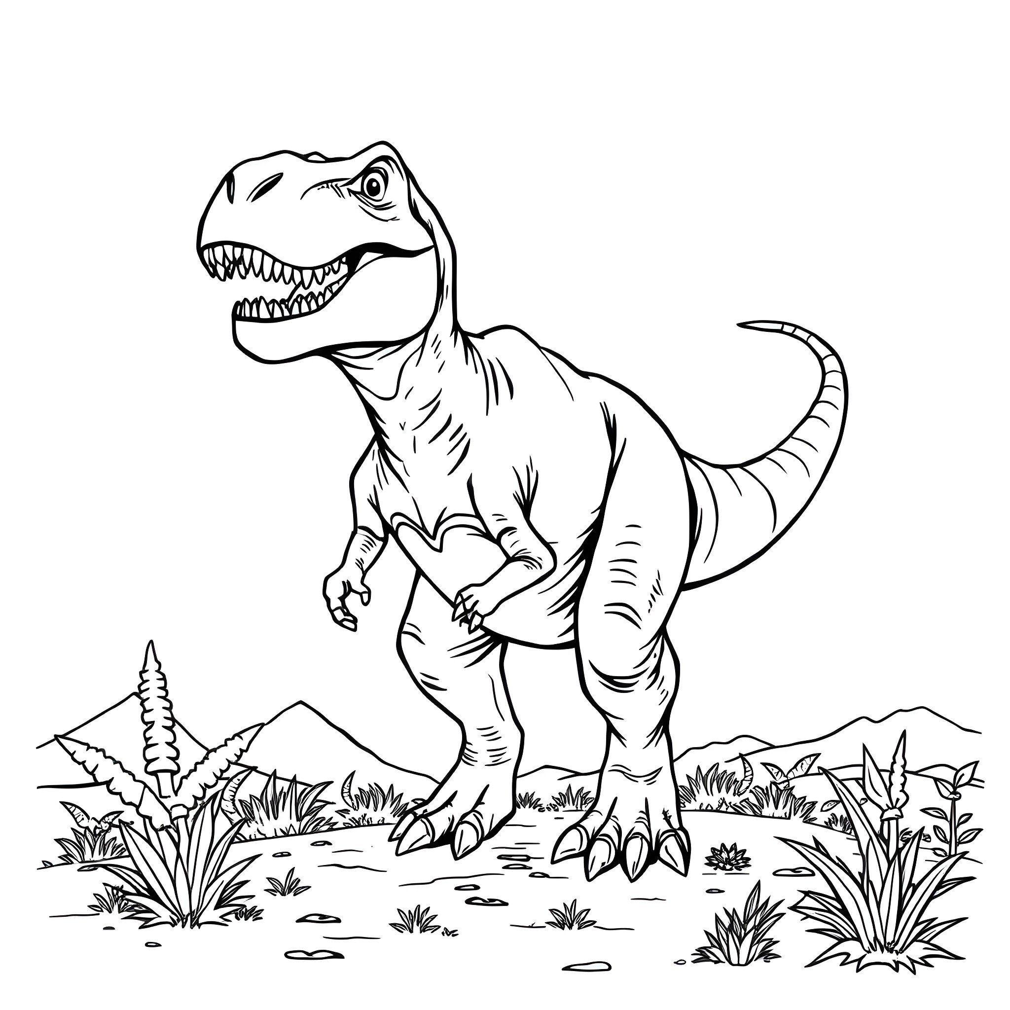 T-Rex stomping through a prehistoric landscape Coloring Page (free black-and-white line drawing printable PDF for all, from beginners to advanced learners, including children, teens, adults, and seniors)