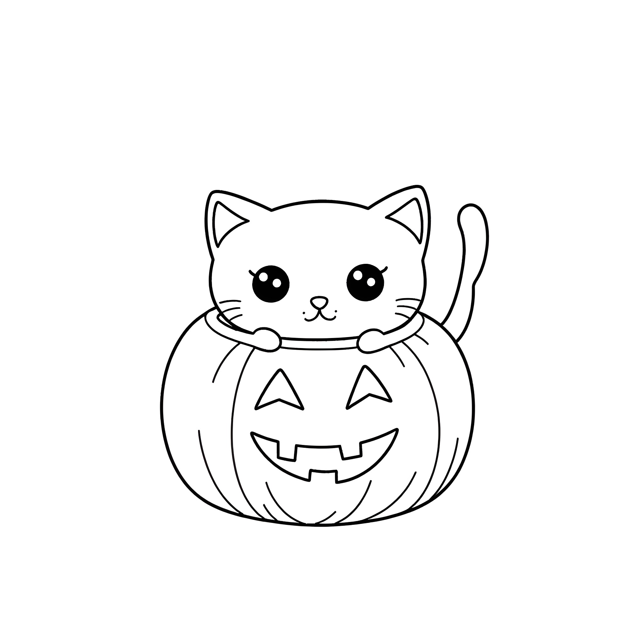 Cat in pumpkin Halloween costume Coloring Page (free black-and-white line drawing printable PDF for all, from beginners to advanced learners, including children, teens, adults, and seniors)