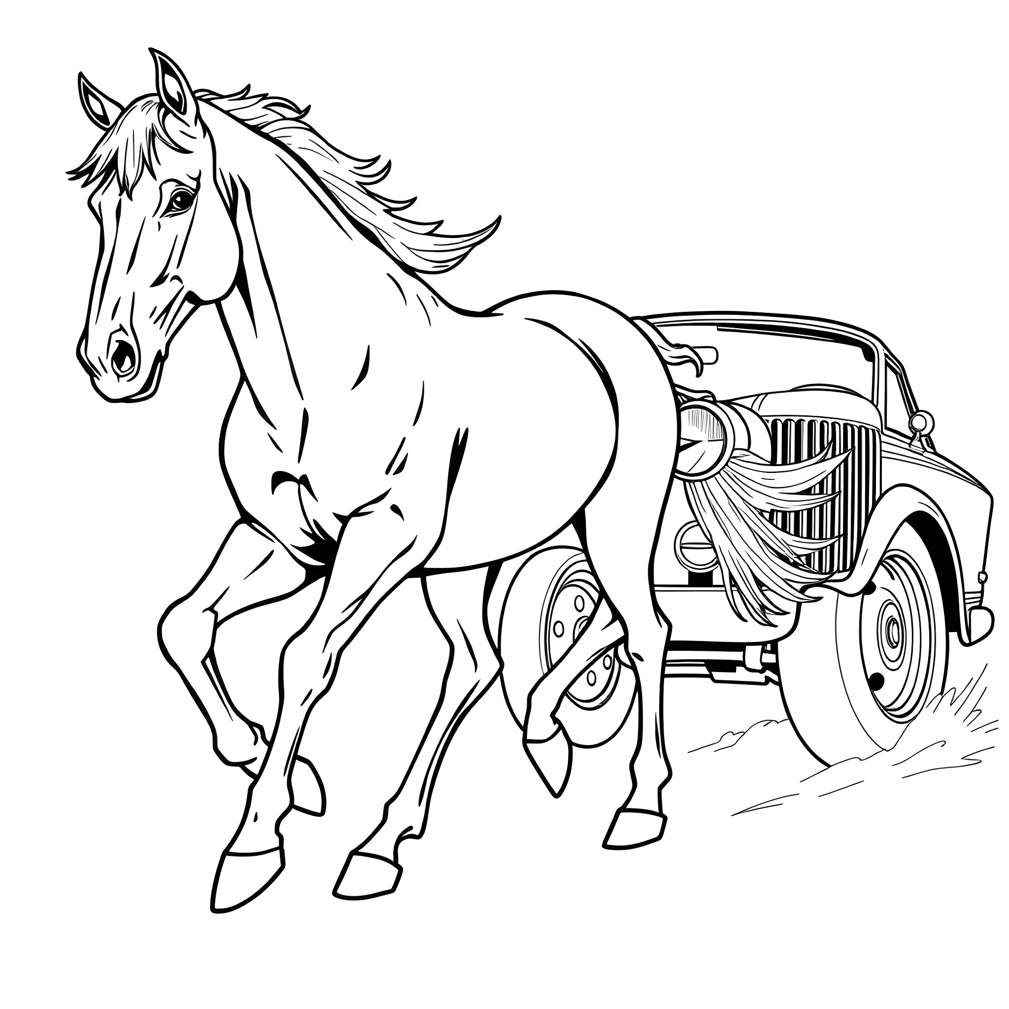 Horse galloping alongside vintage car Coloring Page (free black-and-white line drawing printable PDF for all, from beginners to advanced learners, including children, teens, adults, and seniors)