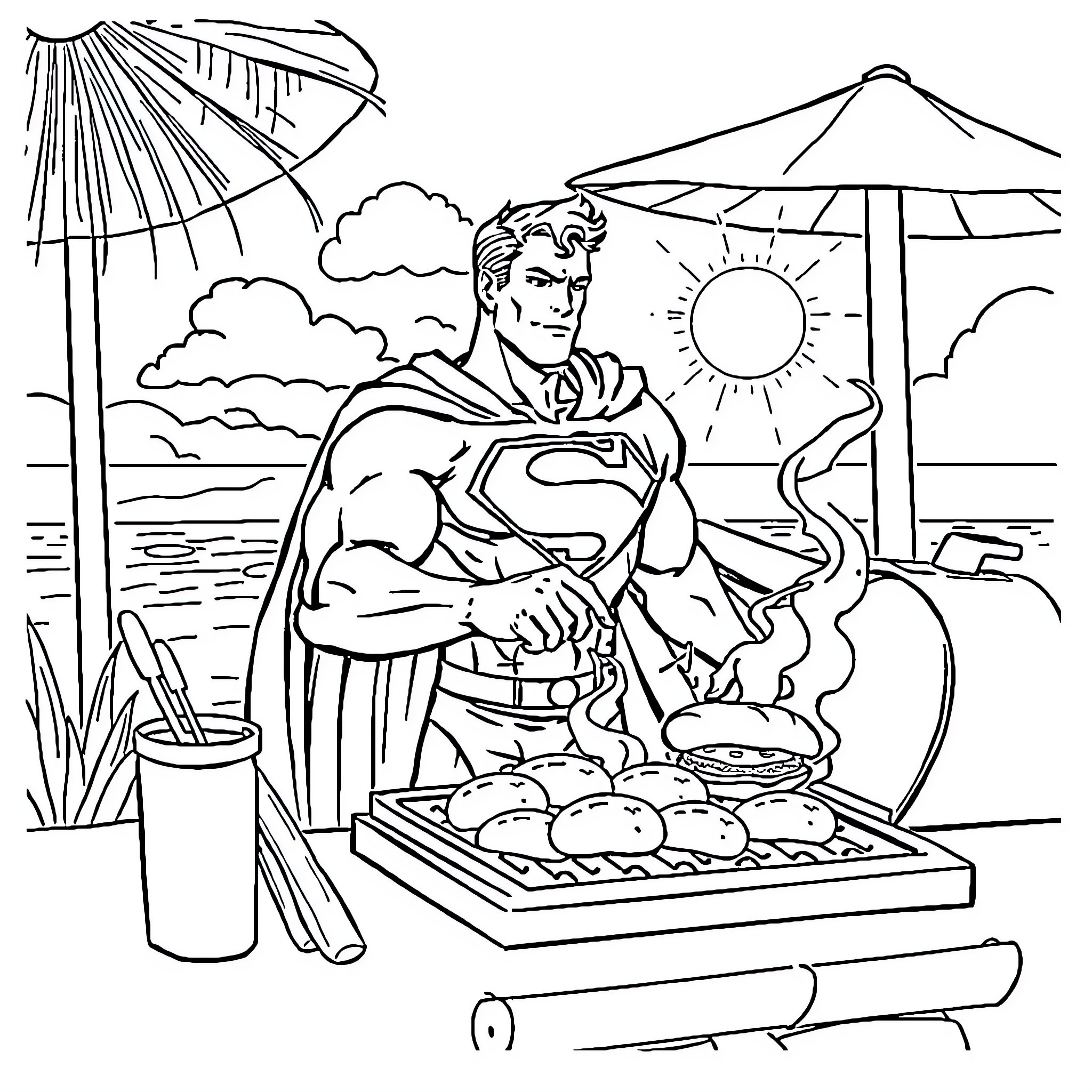 Superman enjoying a beach cookout Coloring Page (free black-and-white line drawing printable PDF for all, from beginners to advanced learners, including children, teens, adults, and seniors)