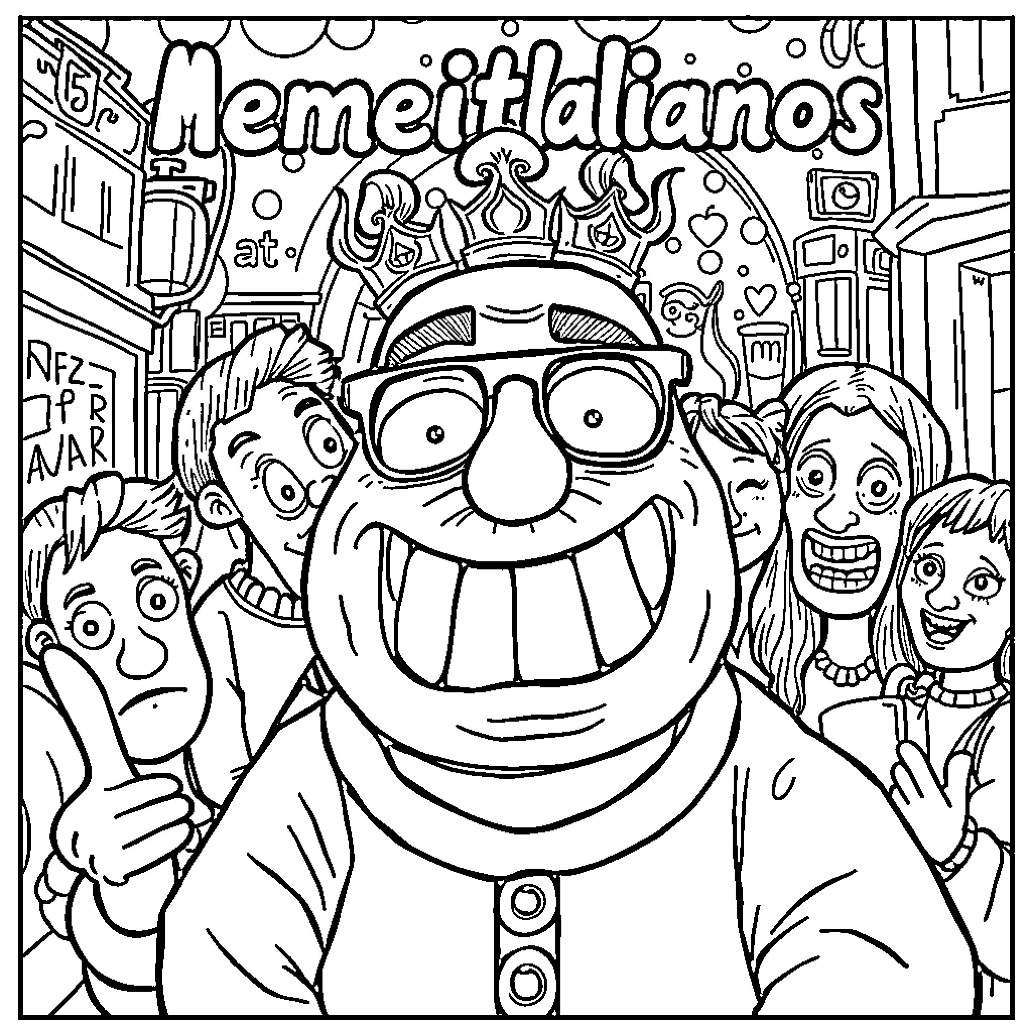 Memeitalianos: Festive and Humorous Cartoon Crowd Coloring Page (free black-and-white line drawing printable PDF for all, from beginners to advanced learners, including children, teens, adults, and seniors)