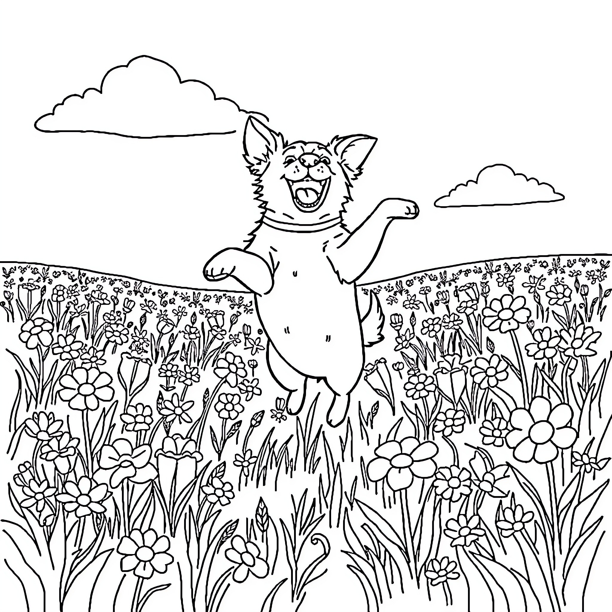 Dog playing joyfully in a flower-filled meadow Coloring Page (free black-and-white line drawing printable PDF for all, from beginners to advanced learners, including children, teens, adults, and seniors)