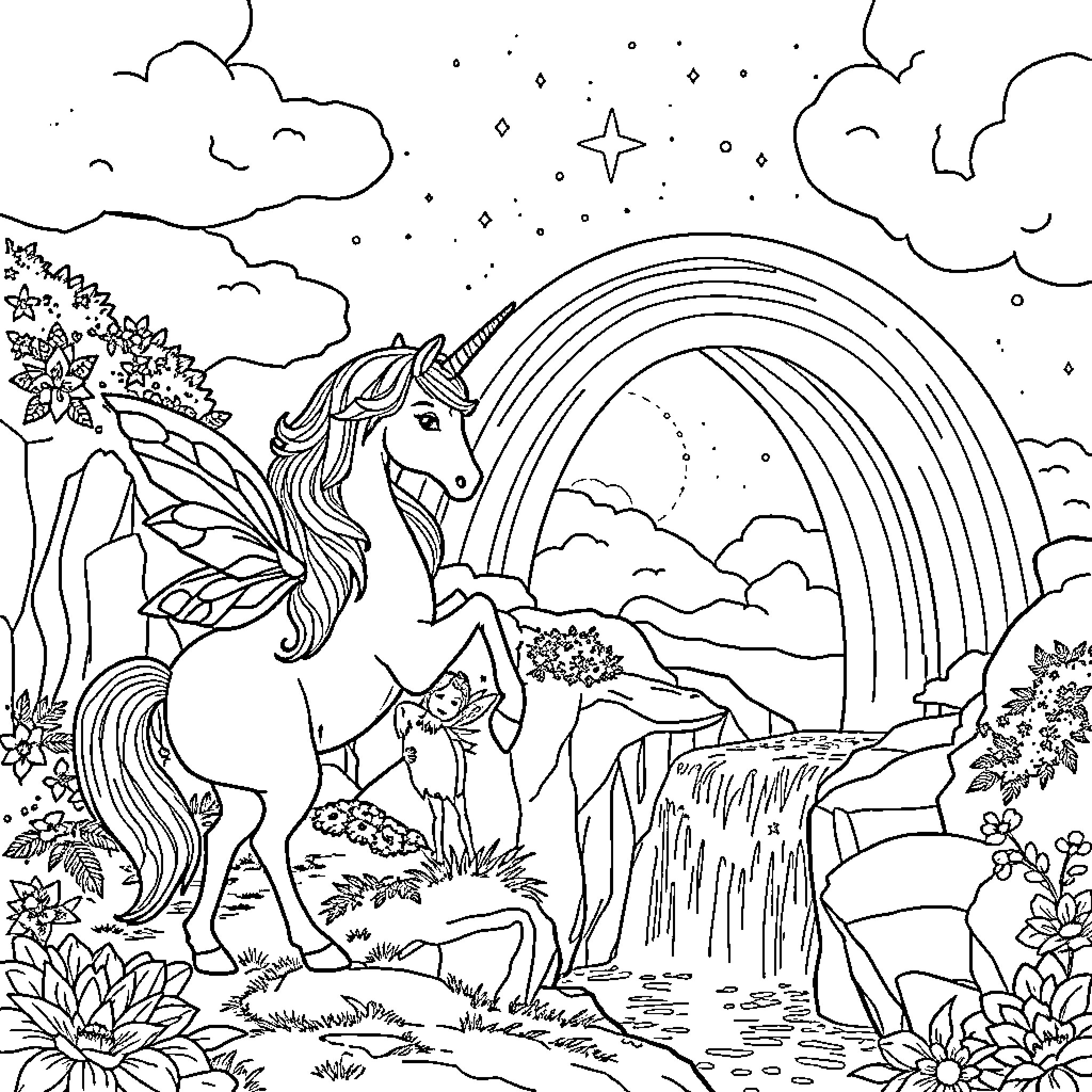 Unicorn gazing at enchanting rainbow in mystical forest Coloring Page (free black-and-white line drawing printable PDF for all, from beginners to advanced learners, including children, teens, adults, and seniors)