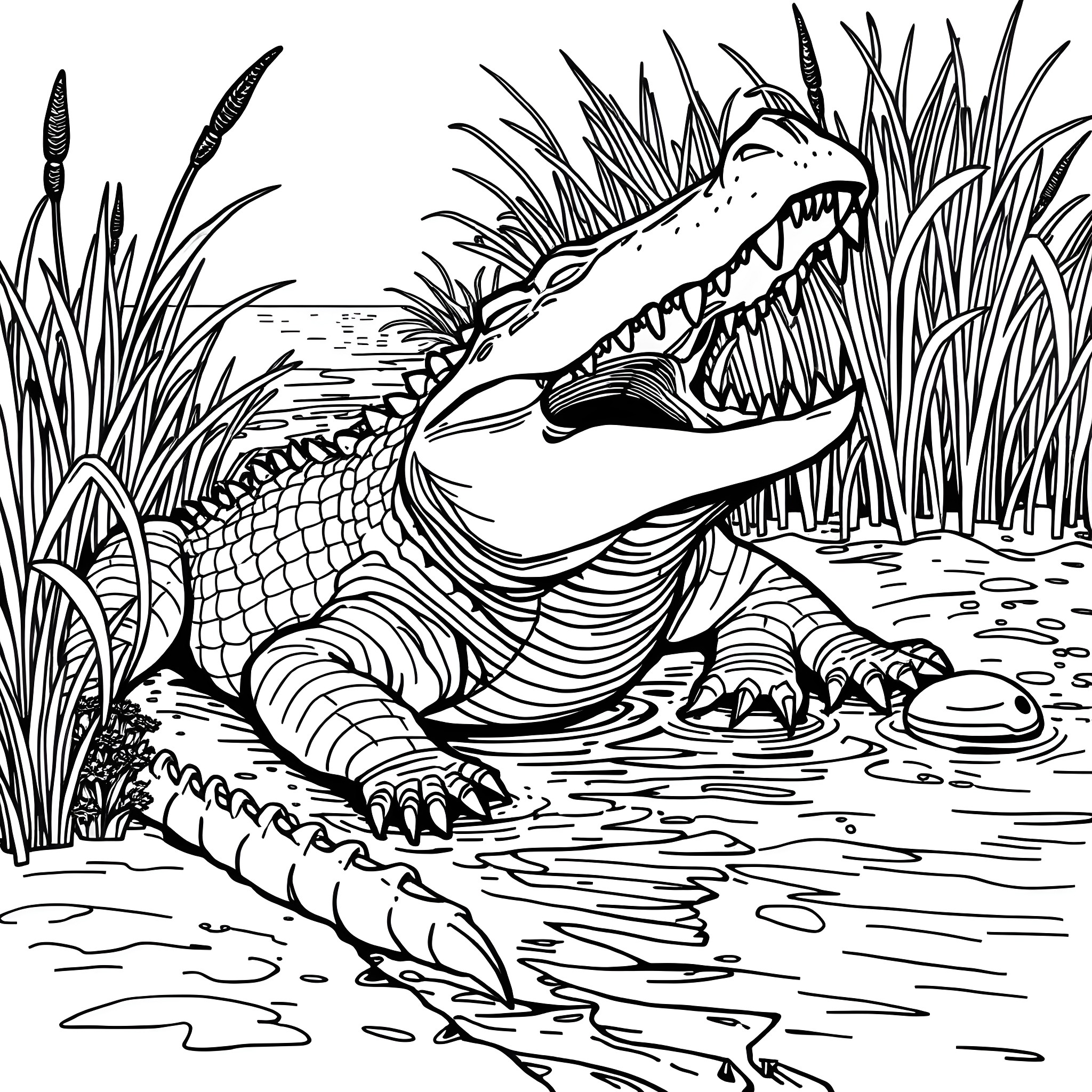 Crocodile lurking in the swampy waters Coloring Page (free black-and-white line drawing printable PDF for all, from beginners to advanced learners, including children, teens, adults, and seniors)