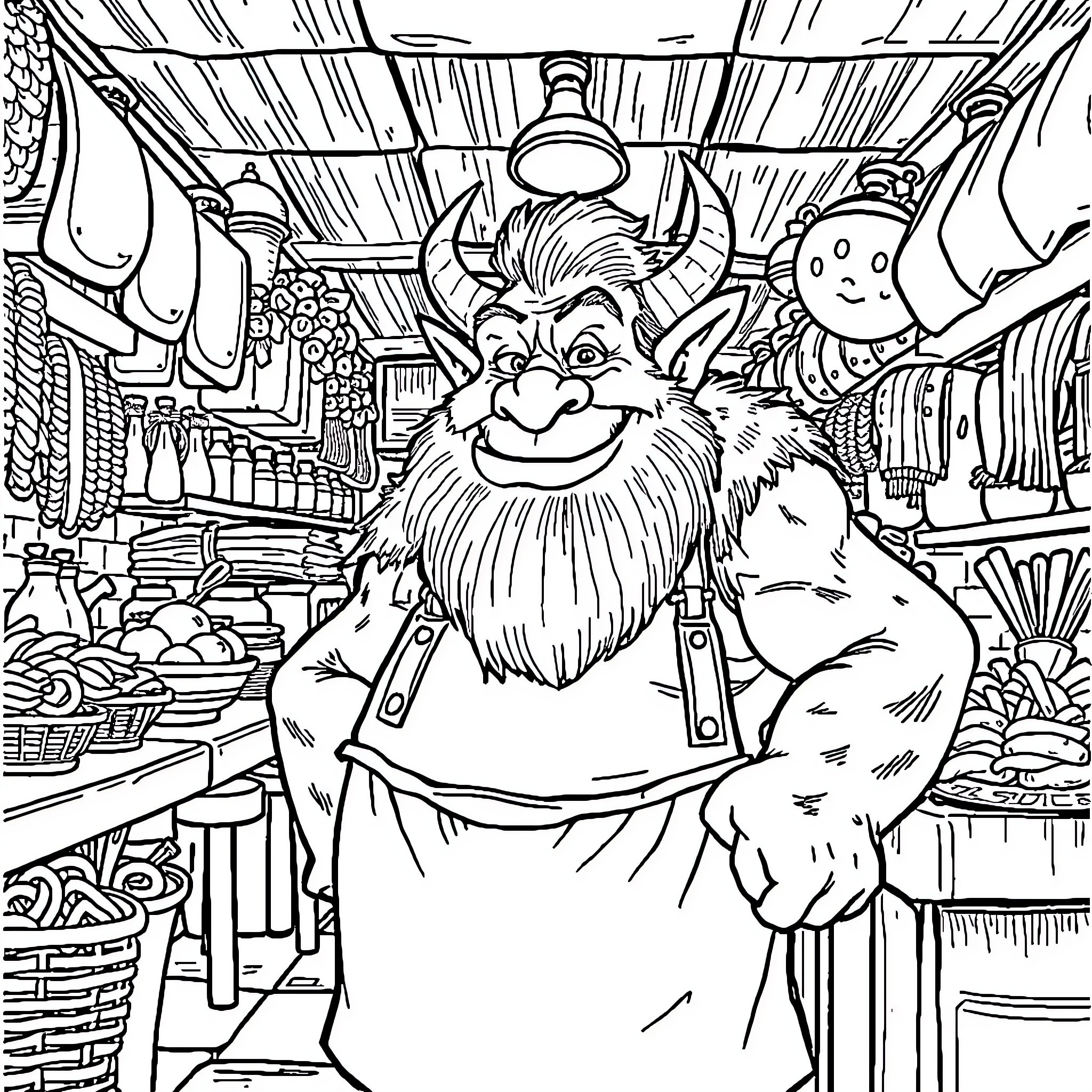 Ogre happily shopping in a crowded market Coloring Page (free black-and-white line drawing printable PDF for all, from beginners to advanced learners, including children, teens, adults, and seniors)