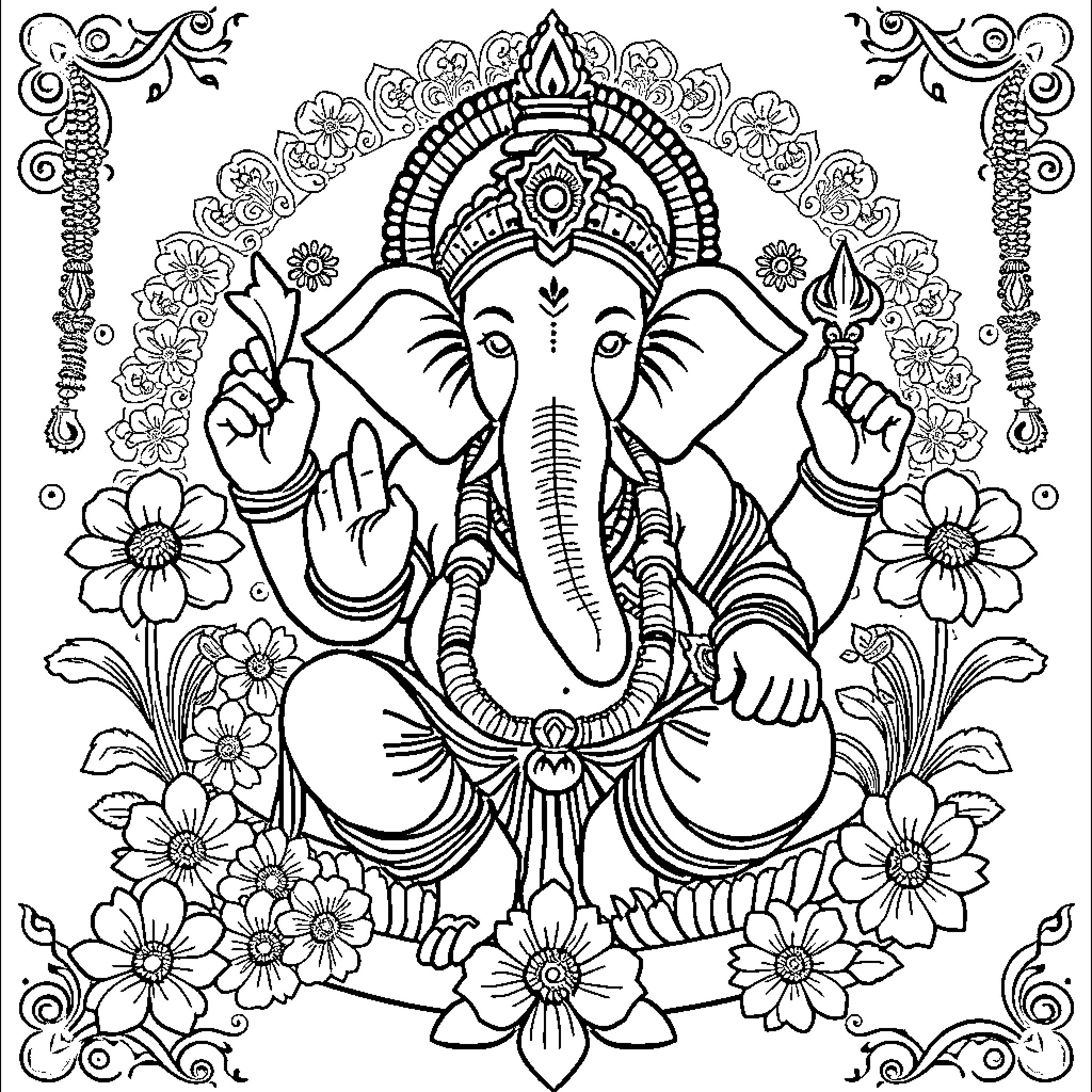 Ganesh in Ornate Floral Surroundings Coloring Page (free black-and-white line drawing printable PDF for all, from beginners to advanced learners, including children, teens, adults, and seniors)