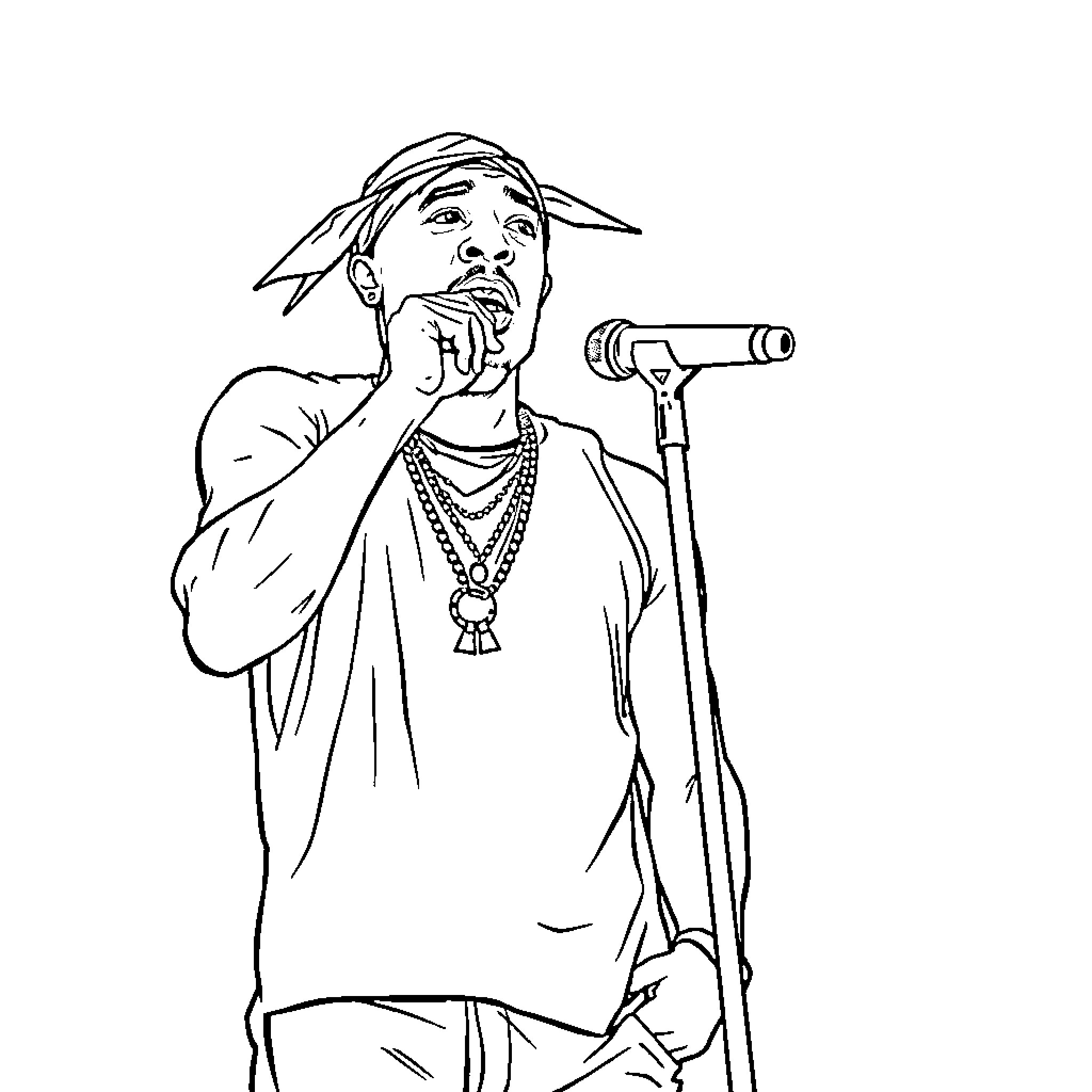 2pac performing with microphone and accessories Coloring Page (free black-and-white line drawing printable PDF for all, from beginners to advanced learners, including children, teens, adults, and seniors)