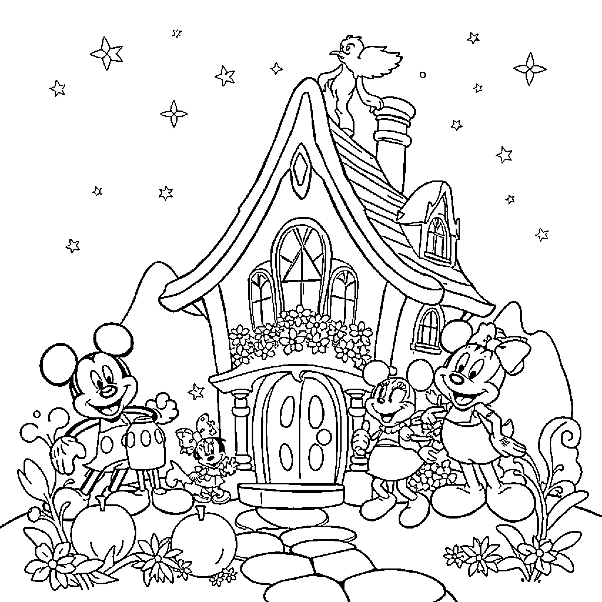 Mickey Mouse and Friends Exploring the Whimsical Cottage Coloring Page (free black-and-white line drawing printable PDF for all, from beginners to advanced learners, including children, teens, adults, and seniors)