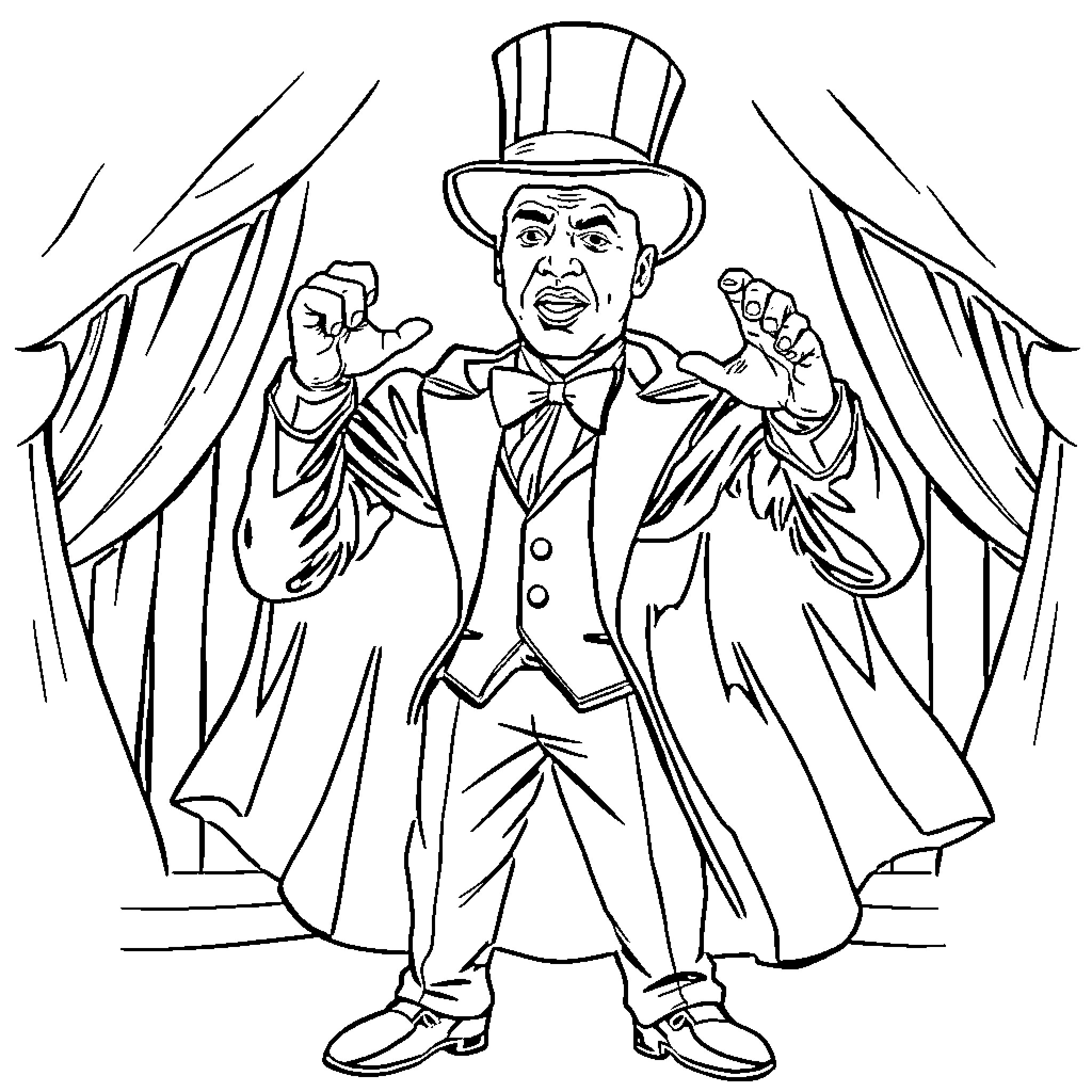 Mike Tyson performing on stage in a tuxedo Coloring Page (free black-and-white line drawing printable PDF for all, from beginners to advanced learners, including children, teens, adults, and seniors)
