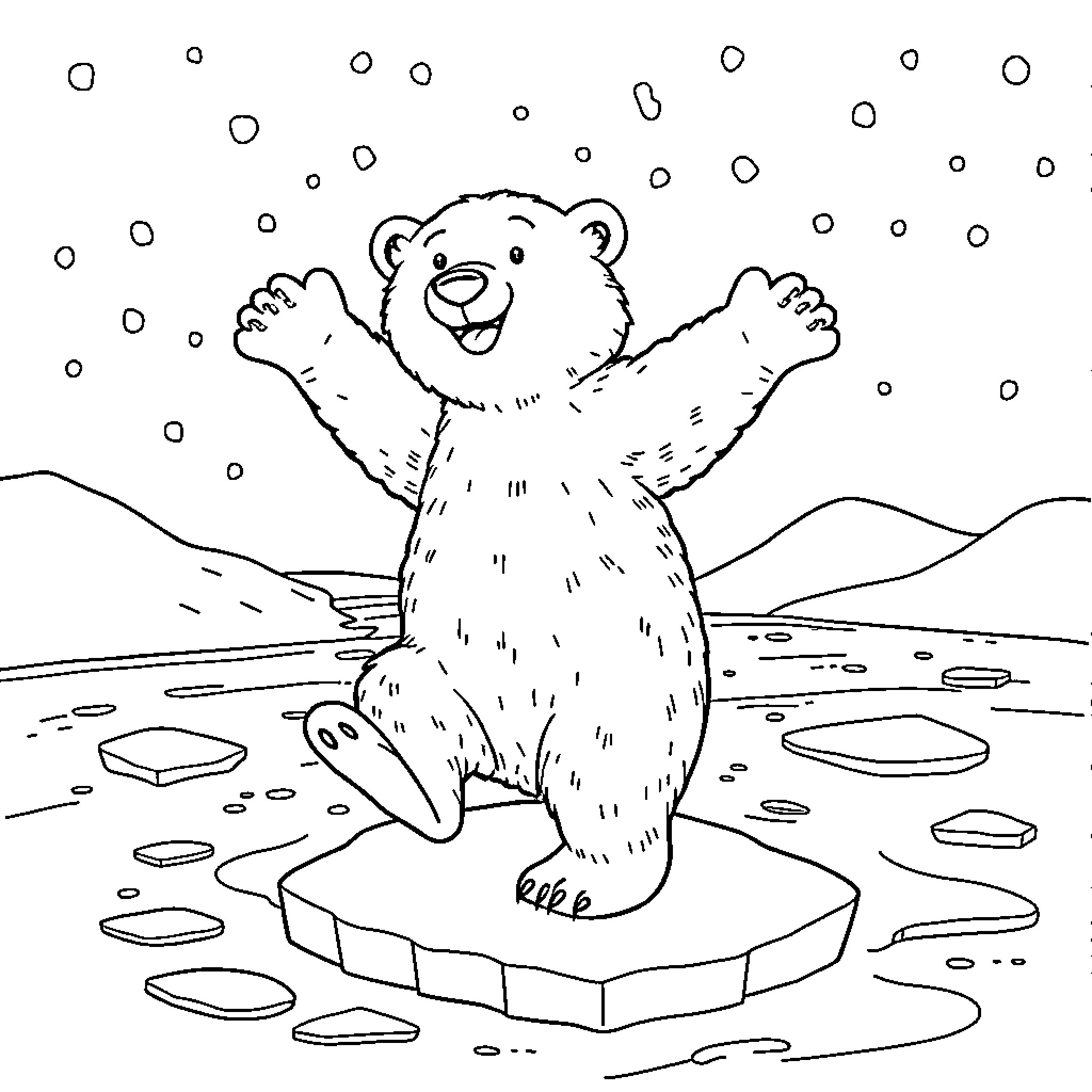 Polar Bear enjoying winter wonderland Coloring Page (free black-and-white line drawing printable PDF for all, from beginners to advanced learners, including children, teens, adults, and seniors)