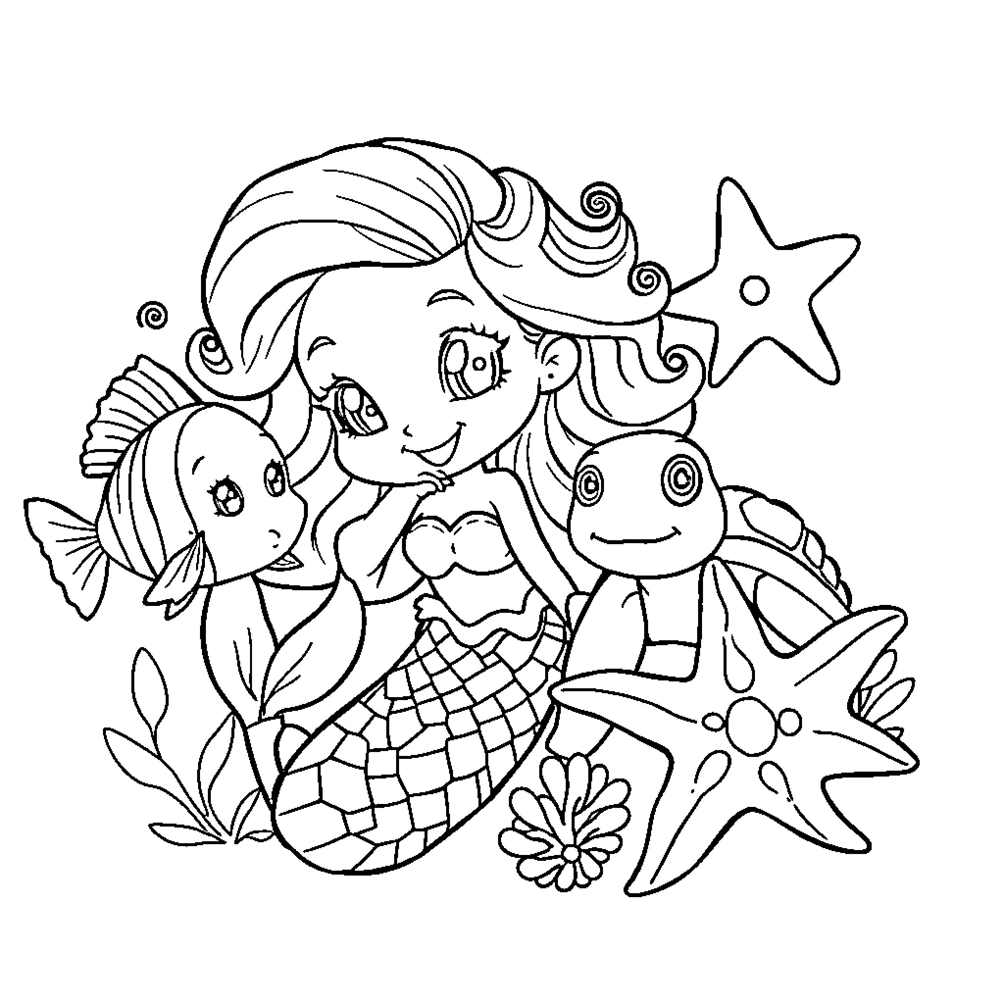 Mermaid playing with sea creatures and starfish Coloring Page (free black-and-white line drawing printable PDF for all, from beginners to advanced learners, including children, teens, adults, and seniors)