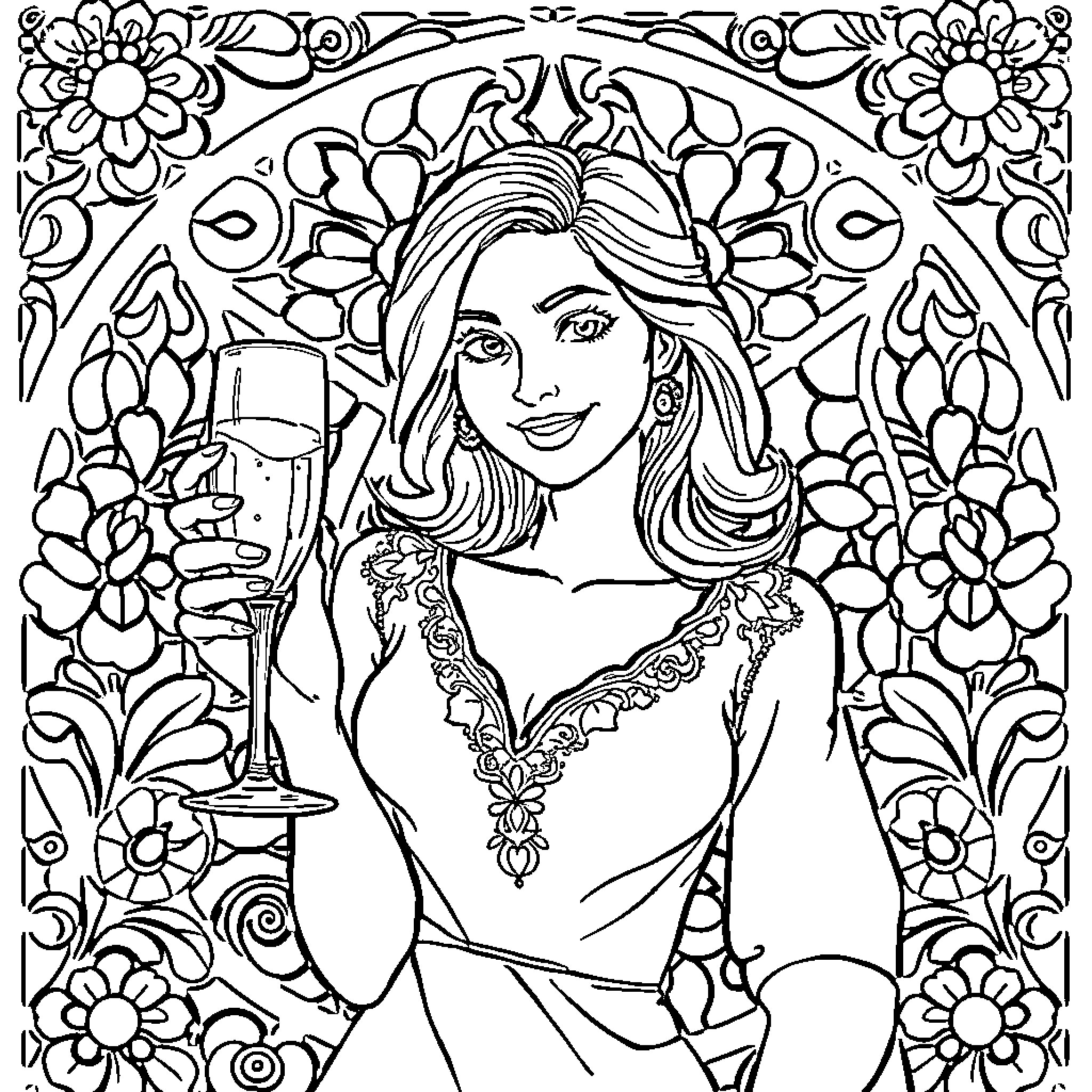 Lucy enjoying a glass of wine in a floral garden Coloring Page (free black-and-white line drawing printable PDF for all, from beginners to advanced learners, including children, teens, adults, and seniors)