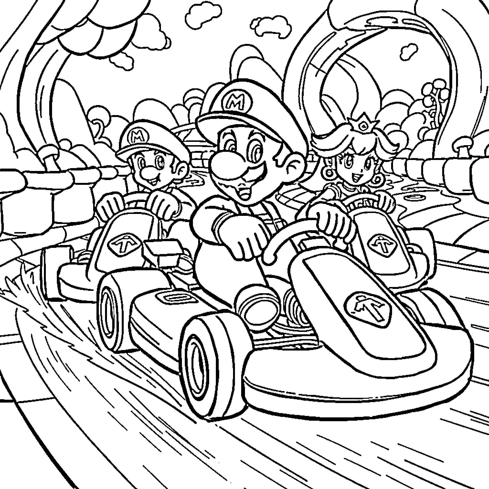 Mario and Luigi Kart Racing on Rainbow Road Coloring Page (free black-and-white line drawing printable PDF for all, from beginners to advanced learners, including children, teens, adults, and seniors)