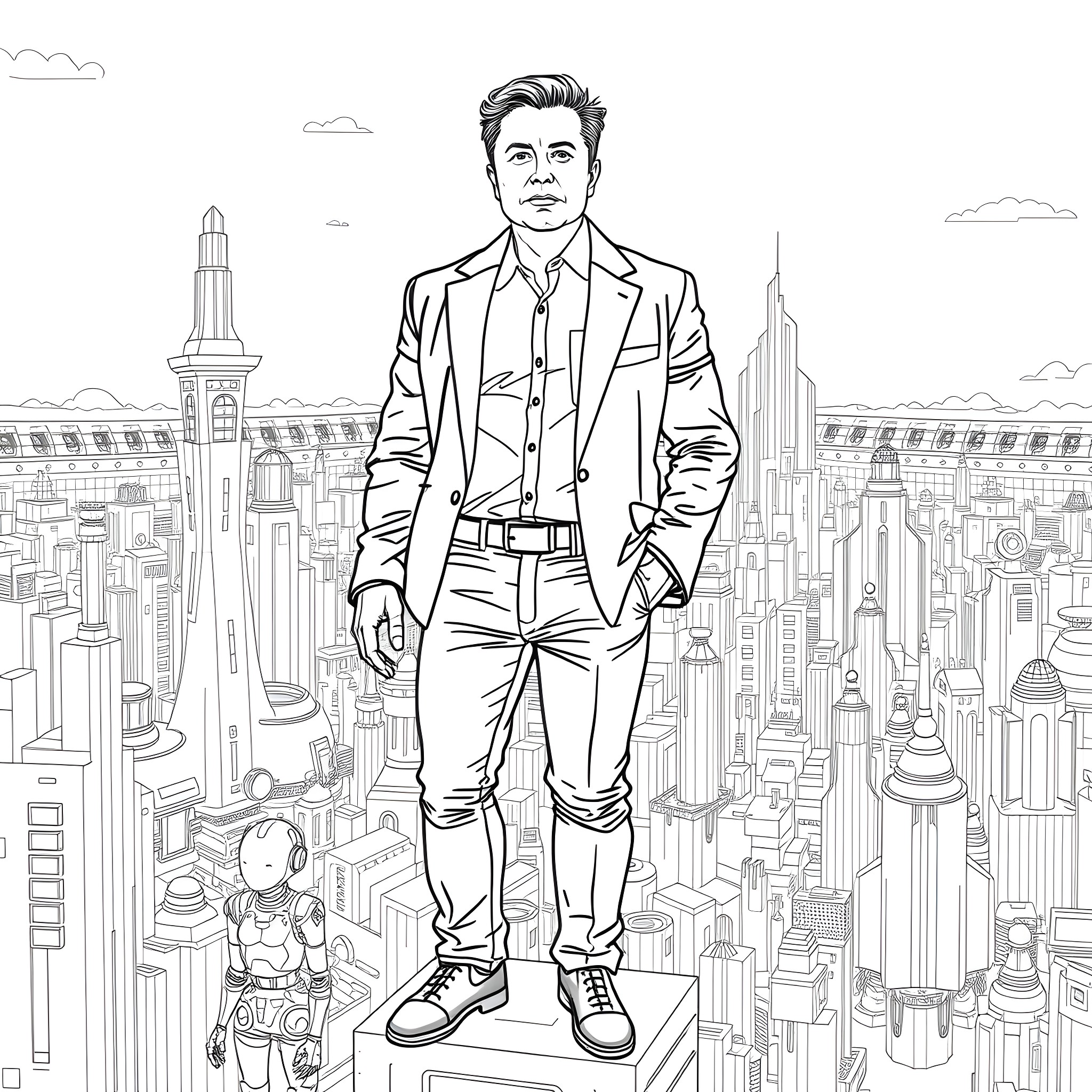 Robot in a Stylish City Skyline Coloring Page (free black-and-white line drawing printable PDF for all, from beginners to advanced learners, including children, teens, adults, and seniors)