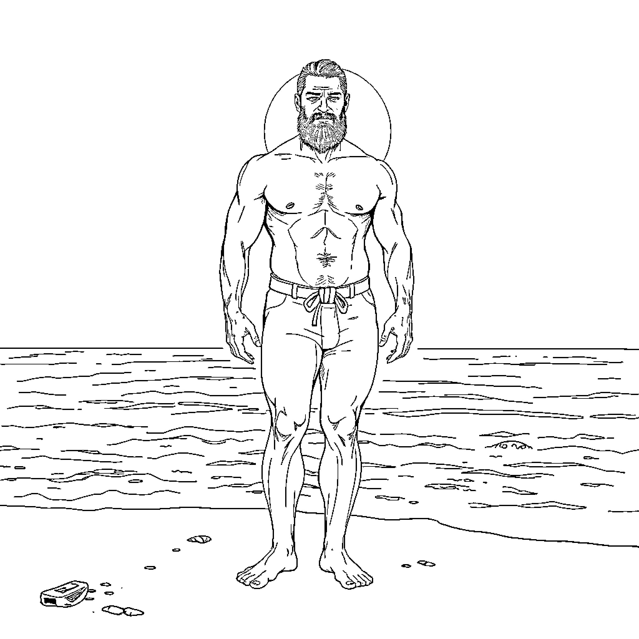Jason Momoa posing shirtless on the beach Coloring Page (free black-and-white line drawing printable PDF for all, from beginners to advanced learners, including children, teens, adults, and seniors)