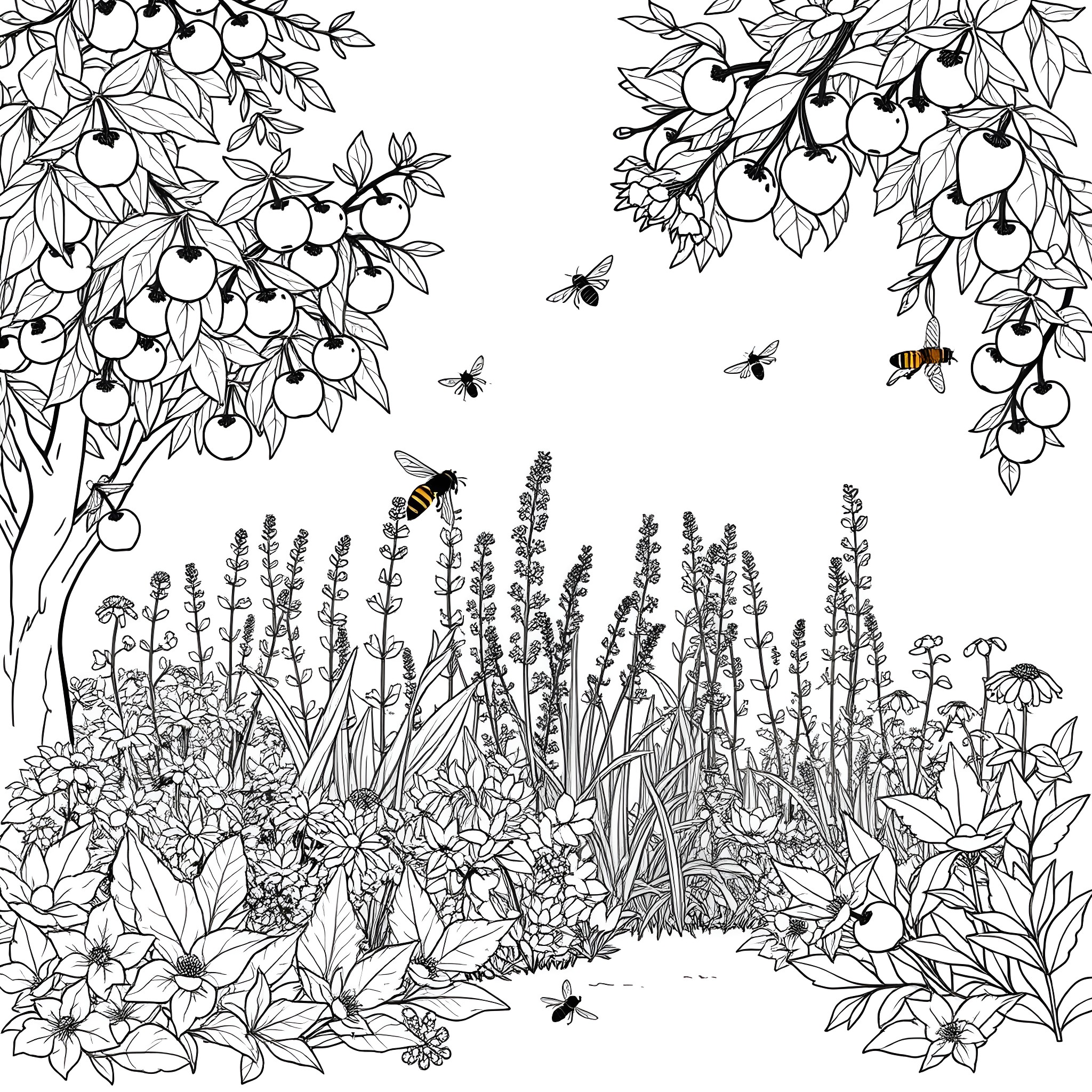 Herb Garden with Buzzing Bees and Flowers Coloring Page (free black-and-white line drawing printable PDF for all, from beginners to advanced learners, including children, teens, adults, and seniors)
