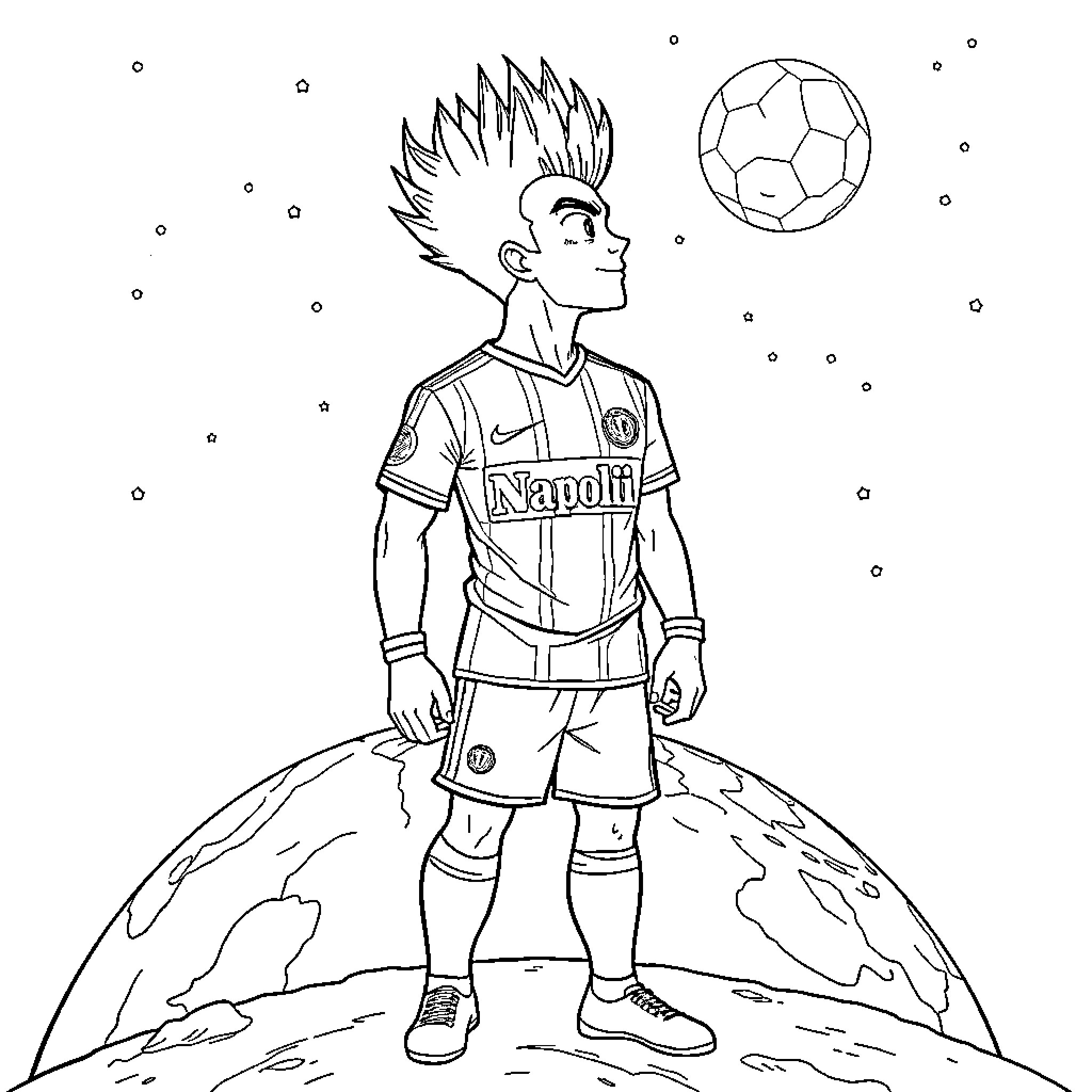 Vegeta, the soccer player, preparing for a kick on the world stage Coloring Page (free black-and-white line drawing printable PDF for all, from beginners to advanced learners, including children, teens, adults, and seniors)