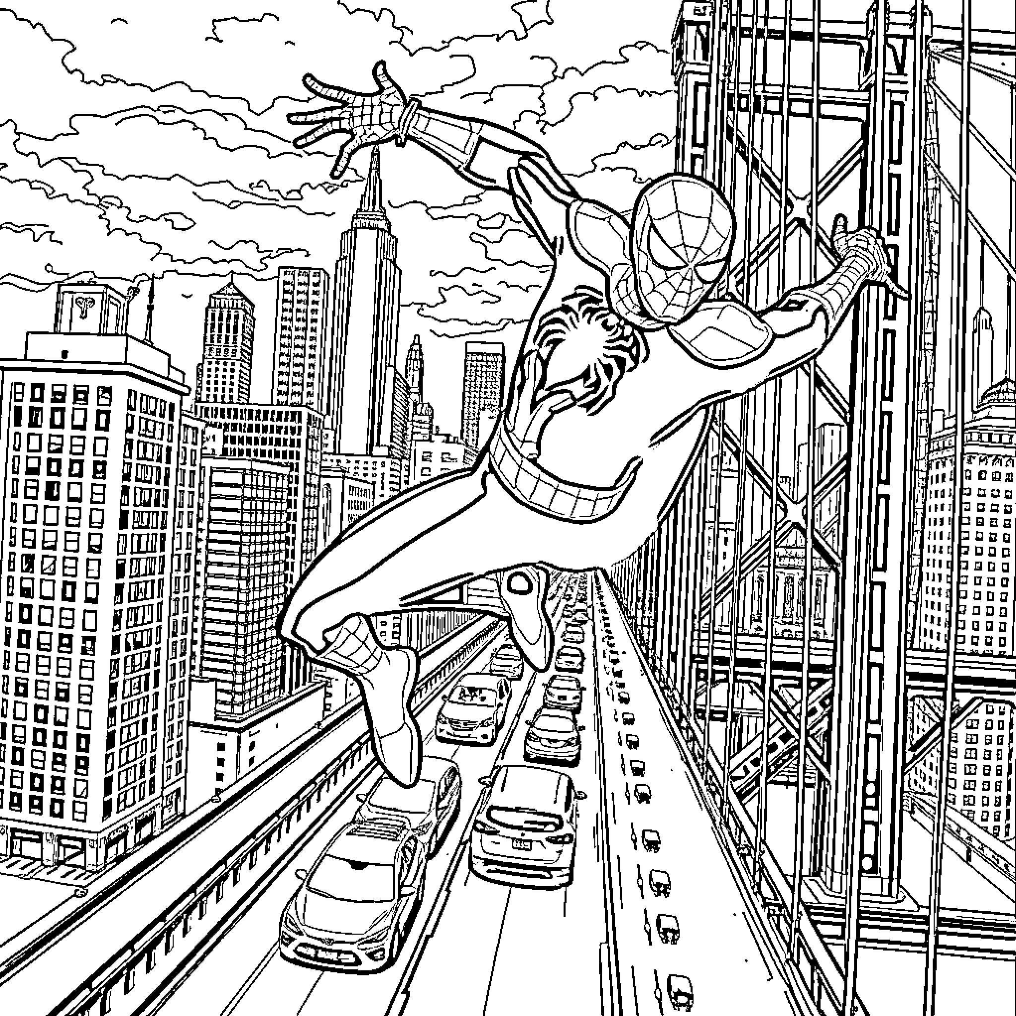 Spider-Man swinging through the city skyline Coloring Page (free black-and-white line drawing printable PDF for all, from beginners to advanced learners, including children, teens, adults, and seniors)