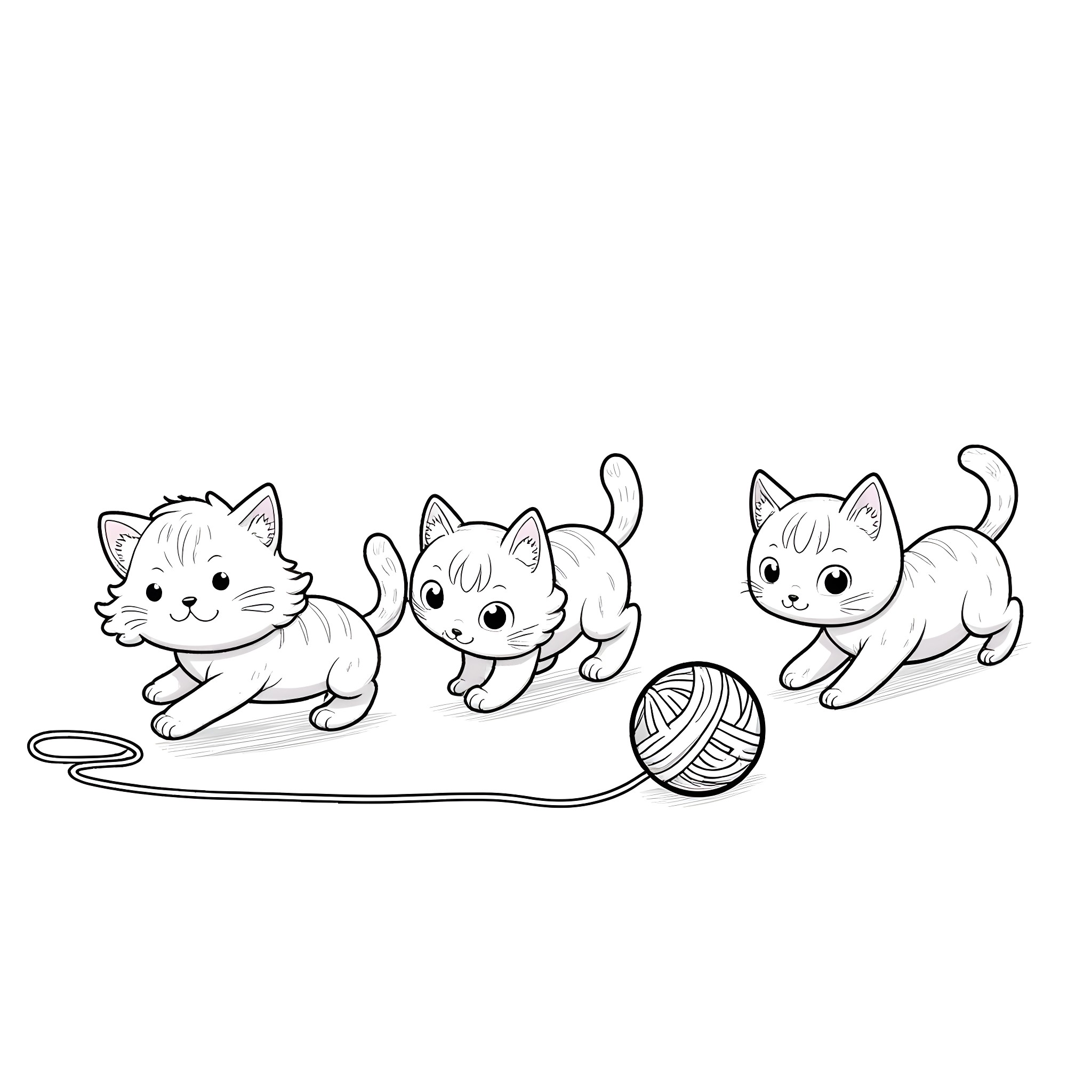 Kittens playing with yarn ball Coloring Page (free black-and-white line drawing printable PDF for all, from beginners to advanced learners, including children, teens, adults, and seniors)